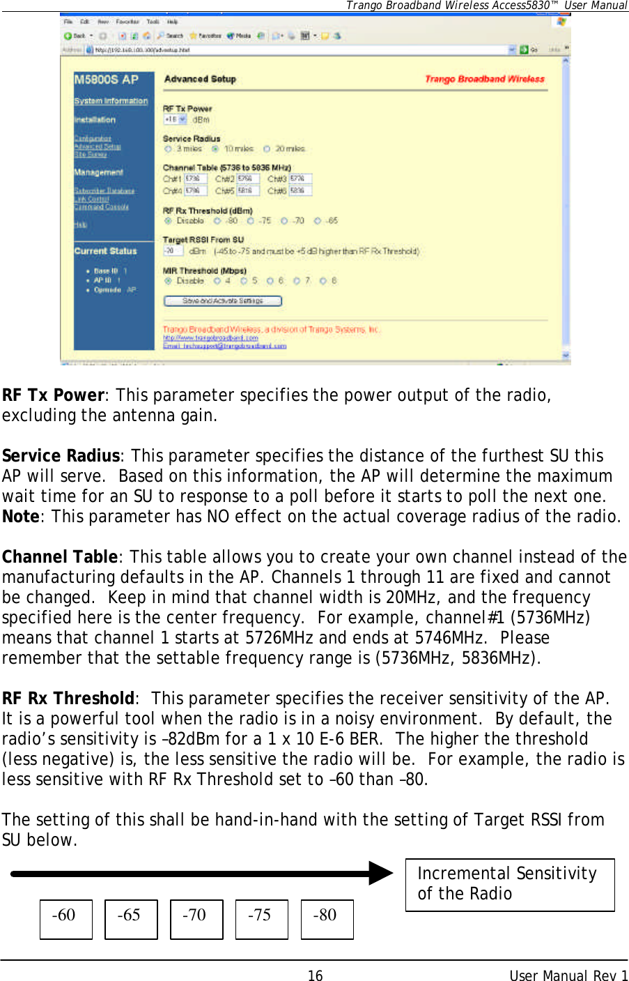      Trango Broadband Wireless Access5830™  User Manual      User Manual Rev 1 16  RF Tx Power: This parameter specifies the power output of the radio, excluding the antenna gain.  Service Radius: This parameter specifies the distance of the furthest SU this AP will serve.  Based on this information, the AP will determine the maximum wait time for an SU to response to a poll before it starts to poll the next one.  Note: This parameter has NO effect on the actual coverage radius of the radio.  Channel Table: This table allows you to create your own channel instead of the manufacturing defaults in the AP. Channels 1 through 11 are fixed and cannot be changed.  Keep in mind that channel width is 20MHz, and the frequency specified here is the center frequency.  For example, channel#1 (5736MHz) means that channel 1 starts at 5726MHz and ends at 5746MHz.  Please remember that the settable frequency range is (5736MHz, 5836MHz).  RF Rx Threshold:  This parameter specifies the receiver sensitivity of the AP.  It is a powerful tool when the radio is in a noisy environment.  By default, the radio’s sensitivity is –82dBm for a 1 x 10 E-6 BER.  The higher the threshold (less negative) is, the less sensitive the radio will be.  For example, the radio is less sensitive with RF Rx Threshold set to –60 than –80.  The setting of this shall be hand-in-hand with the setting of Target RSSI from SU below.     Incremental Sensitivity of the Radio -65 -70 -75 -60 -80 