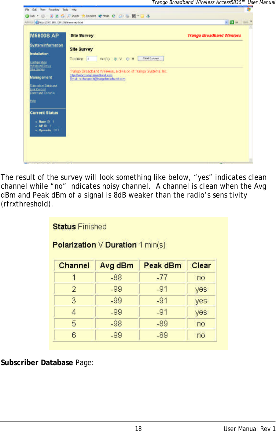      Trango Broadband Wireless Access5830™  User Manual      User Manual Rev 1 18  The result of the survey will look something like below, “yes” indicates clean channel while “no” indicates noisy channel.  A channel is clean when the Avg dBm and Peak dBm of a signal is 8dB weaker than the radio’s sensitivity (rfrxthreshold).    Subscriber Database Page:  