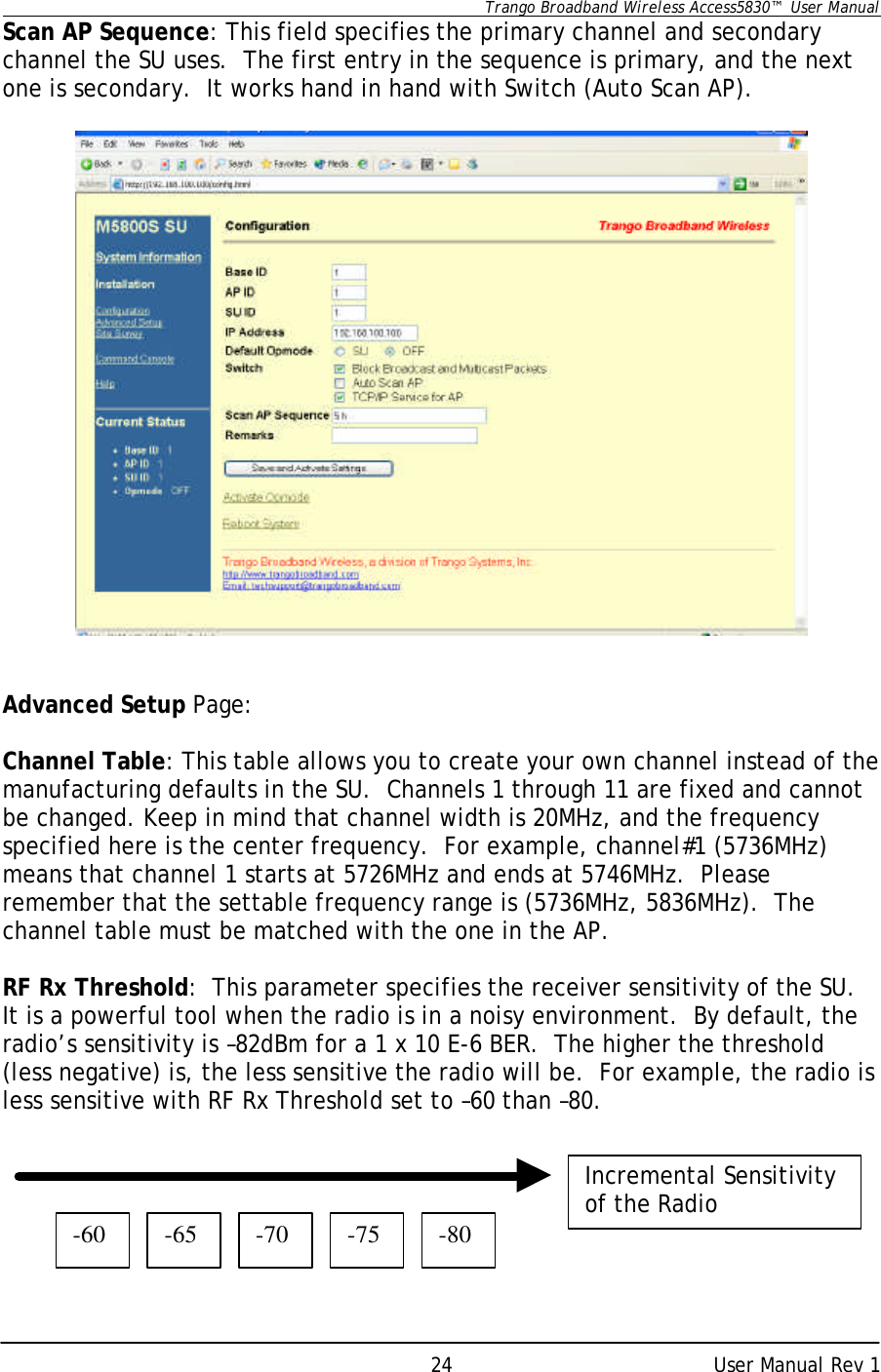      Trango Broadband Wireless Access5830™  User Manual      User Manual Rev 1 24Scan AP Sequence: This field specifies the primary channel and secondary channel the SU uses.  The first entry in the sequence is primary, and the next one is secondary.  It works hand in hand with Switch (Auto Scan AP).     Advanced Setup Page:  Channel Table: This table allows you to create your own channel instead of the manufacturing defaults in the SU.  Channels 1 through 11 are fixed and cannot be changed. Keep in mind that channel width is 20MHz, and the frequency specified here is the center frequency.  For example, channel#1 (5736MHz) means that channel 1 starts at 5726MHz and ends at 5746MHz.  Please remember that the settable frequency range is (5736MHz, 5836MHz).  The channel table must be matched with the one in the AP.  RF Rx Threshold:  This parameter specifies the receiver sensitivity of the SU.  It is a powerful tool when the radio is in a noisy environment.  By default, the radio’s sensitivity is –82dBm for a 1 x 10 E-6 BER.  The higher the threshold (less negative) is, the less sensitive the radio will be.  For example, the radio is less sensitive with RF Rx Threshold set to –60 than –80.       Incremental Sensitivity of the Radio -65 -70 -75 -60 -80 