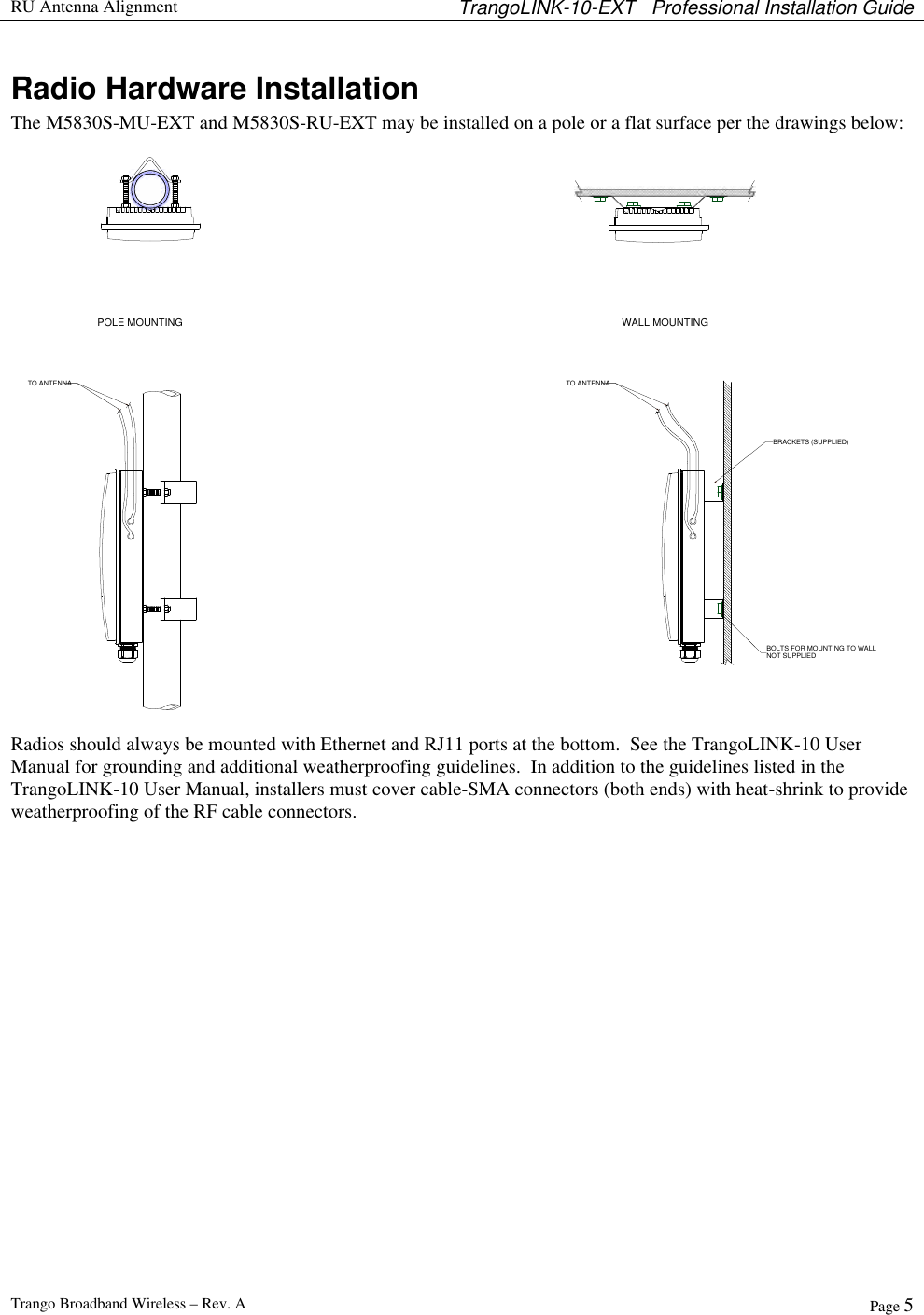  RU Antenna Alignment TrangoLINK-10-EXT   Professional Installation Guide  Trango Broadband Wireless – Rev. A Page 5  Radio Hardware Installation The M5830S-MU-EXT and M5830S-RU-EXT may be installed on a pole or a flat surface per the drawings below:  TO ANTENNA TO ANTENNABOLTS FOR MOUNTING TO WALLNOT SUPPLIEDBRACKETS (SUPPLIED)POLE MOUNTING WALL MOUNTING  Radios should always be mounted with Ethernet and RJ11 ports at the bottom.  See the TrangoLINK-10 User Manual for grounding and additional weatherproofing guidelines.  In addition to the guidelines listed in the TrangoLINK-10 User Manual, installers must cover cable-SMA connectors (both ends) with heat-shrink to provide weatherproofing of the RF cable connectors.  