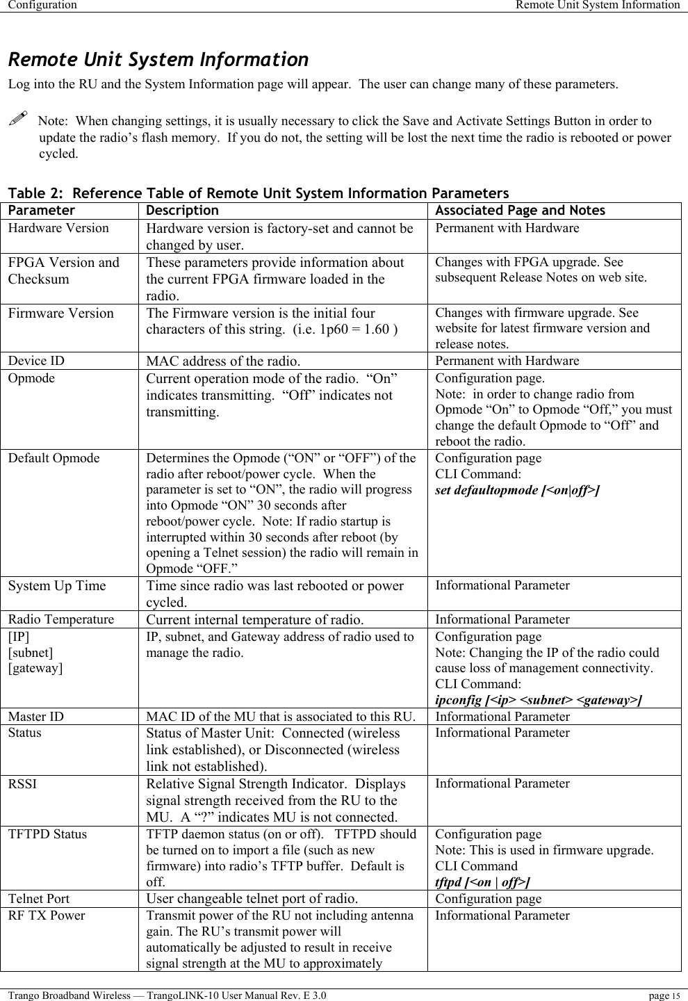 Configuration  Remote Unit System Information  Trango Broadband Wireless — TrangoLINK-10 User Manual Rev. E 3.0 page 15  Remote Unit System Information Log into the RU and the System Information page will appear.  The user can change many of these parameters.      Note:  When changing settings, it is usually necessary to click the Save and Activate Settings Button in order to update the radio’s flash memory.  If you do not, the setting will be lost the next time the radio is rebooted or power cycled.  Table 2:  Reference Table of Remote Unit System Information Parameters Parameter  Description  Associated Page and Notes Hardware Version  Hardware version is factory-set and cannot be changed by user. Permanent with Hardware FPGA Version and Checksum These parameters provide information about the current FPGA firmware loaded in the radio. Changes with FPGA upgrade. See subsequent Release Notes on web site. Firmware Version The Firmware version is the initial four characters of this string.  (i.e. 1p60 = 1.60 ) Changes with firmware upgrade. See website for latest firmware version and release notes. Device ID  MAC address of the radio. Permanent with Hardware Opmode  Current operation mode of the radio.  “On” indicates transmitting.  “Off” indicates not transmitting. Configuration page.  Note:  in order to change radio from Opmode “On” to Opmode “Off,” you must change the default Opmode to “Off” and reboot the radio. Default Opmode  Determines the Opmode (“ON” or “OFF”) of the radio after reboot/power cycle.  When the parameter is set to “ON”, the radio will progress into Opmode “ON” 30 seconds after reboot/power cycle.  Note: If radio startup is interrupted within 30 seconds after reboot (by opening a Telnet session) the radio will remain in Opmode “OFF.” Configuration page CLI Command:  set defaultopmode [&lt;on|off&gt;] System Up Time Time since radio was last rebooted or power cycled. Informational Parameter Radio Temperature  Current internal temperature of radio. Informational Parameter [IP] [subnet] [gateway] IP, subnet, and Gateway address of radio used to manage the radio. Configuration page Note: Changing the IP of the radio could cause loss of management connectivity. CLI Command: ipconfig [&lt;ip&gt; &lt;subnet&gt; &lt;gateway&gt;] Master ID  MAC ID of the MU that is associated to this RU.  Informational Parameter Status  Status of Master Unit:  Connected (wireless link established), or Disconnected (wireless link not established). Informational Parameter RSSI  Relative Signal Strength Indicator.  Displays signal strength received from the RU to the MU.  A “?” indicates MU is not connected. Informational Parameter TFTPD Status  TFTP daemon status (on or off).   TFTPD should be turned on to import a file (such as new firmware) into radio’s TFTP buffer.  Default is off. Configuration page Note: This is used in firmware upgrade. CLI Command tftpd [&lt;on | off&gt;] Telnet Port  User changeable telnet port of radio. Configuration page RF TX Power  Transmit power of the RU not including antenna gain. The RU’s transmit power will automatically be adjusted to result in receive signal strength at the MU to approximately Informational Parameter 