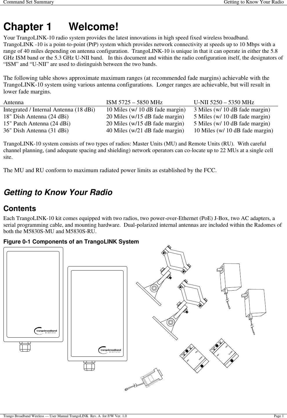 Command Set Summary Getting to Know Your Radio  Trango Broadband Wireless — User Manual TrangoLINK  Rev. A  for F/W Ver. 1.0 Page 1  Chapter 1 Welcome! Your TrangoLINK-10 radio system provides the latest innovations in high speed fixed wireless broadband.   TrangoLINK -10 is a point-to-point (PtP) system which provides network connectivity at speeds up to 10 Mbps with a range of 40 miles depending on antenna configuration.  TrangoLINK-10 is unique in that it can operate in either the 5.8 GHz ISM band or the 5.3 GHz U-NII band.   In this document and within the radio configuration itself, the designators of “ISM” and “U-NII” are used to distinguish between the two bands.  The following table shows approximate maximum ranges (at recommended fade margins) achievable with the TrangoLINK-10 system using various antenna configurations.  Longer ranges are achievable, but will result in lower fade margins.  TrangoLINK-10 system consists of two types of radios: Master Units (MU) and Remote Units (RU).  With careful channel planning, (and adequate spacing and shielding) network operators can co-locate up to 22 MUs at a single cell site.  The MU and RU conform to maximum radiated power limits as established by the FCC.   Getting to Know Your Radio Contents Each TrangoLINK-10 kit comes equipped with two radios, two power-over-Ethernet (PoE) J-Box, two AC adapters, a serial programming cable, and mounting hardware.  Dual-polarized internal antennas are included within the Radomes of both the M5830S-MU and M5830S-RU.   Figure 0-1 Components of an TrangoLINK System Antenna ISM 5725 – 5850 MHz U-NII 5250 – 5350 MHz  Integrated / Internal Antenna (18 dBi) 10 Miles (w/ 10 dB fade margin) 3 Miles (w/ 10 dB fade margin) 18&quot; Dish Antenna (24 dBi) 20 Miles (w/15 dB fade margin) 5 Miles (w/ 10 dB fade margin) 15&quot; Patch Antenna (24 dBi) 20 Miles (w/15 dB fade margin) 5 Miles (w/ 10 dB fade margin) 36&quot; Dish Antenna (31 dBi) 40 Miles (w/21 dB fade margin) 10 Miles (w/ 10 dB fade margin) 