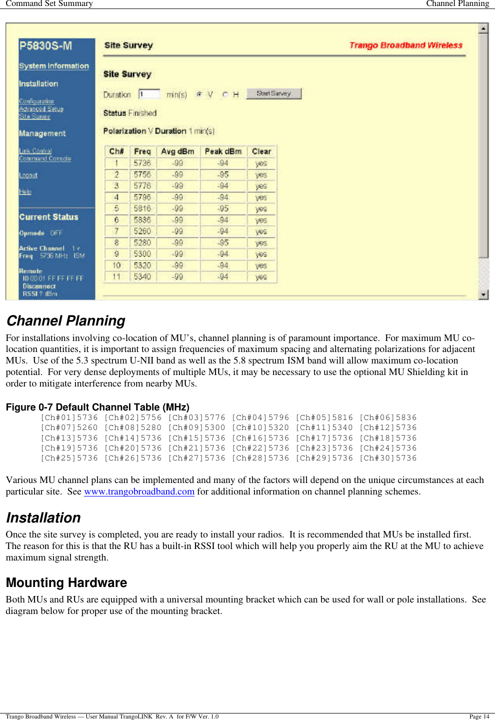 Command Set Summary Channel Planning  Trango Broadband Wireless — User Manual TrangoLINK  Rev. A  for F/W Ver. 1.0 Page 14   Channel Planning  For installations involving co-location of MU’s, channel planning is of paramount importance.  For maximum MU co-location quantities, it is important to assign frequencies of maximum spacing and alternating polarizations for adjacent MUs.  Use of the 5.3 spectrum U-NII band as well as the 5.8 spectrum ISM band will allow maximum co-location potential.  For very dense deployments of multiple MUs, it may be necessary to use the optional MU Shielding kit in order to mitigate interference from nearby MUs. Figure 0-7 Default Channel Table (MHz) [Ch#01]5736 [Ch#02]5756 [Ch#03]5776 [Ch#04]5796 [Ch#05]5816 [Ch#06]5836 [Ch#07]5260 [Ch#08]5280 [Ch#09]5300 [Ch#10]5320 [Ch#11]5340 [Ch#12]5736 [Ch#13]5736 [Ch#14]5736 [Ch#15]5736 [Ch#16]5736 [Ch#17]5736 [Ch#18]5736 [Ch#19]5736 [Ch#20]5736 [Ch#21]5736 [Ch#22]5736 [Ch#23]5736 [Ch#24]5736 [Ch#25]5736 [Ch#26]5736 [Ch#27]5736 [Ch#28]5736 [Ch#29]5736 [Ch#30]5736  Various MU channel plans can be implemented and many of the factors will depend on the unique circumstances at each particular site.  See www.trangobroadband.com for additional information on channel planning schemes. Installation Once the site survey is completed, you are ready to install your radios.  It is recommended that MUs be installed first.  The reason for this is that the RU has a built-in RSSI tool which will help you properly aim the RU at the MU to achieve maximum signal strength. Mounting Hardware Both MUs and RUs are equipped with a universal mounting bracket which can be used for wall or pole installations.  See diagram below for proper use of the mounting bracket. 