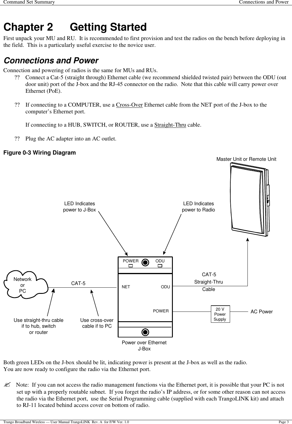 Command Set Summary Connections and Power  Trango Broadband Wireless — User Manual TrangoLINK  Rev. A  for F/W Ver. 1.0 Page 3  Chapter 2 Getting Started First unpack your MU and RU.  It is recommended to first provision and test the radios on the bench before deploying in the field.  This is a particularly useful exercise to the novice user. Connections and Power Connection and powering of radios is the same for MUs and RUs. ?? Connect a Cat-5 (straight through) Ethernet cable (we recommend shielded twisted pair) between the ODU (out door unit) port of the J-box and the RJ-45 connector on the radio.  Note that this cable will carry power over Ethernet (PoE).    ?? If connecting to a COMPUTER, use a Cross-Over Ethernet cable from the NET port of the J-box to the computer’s Ethernet port.  If connecting to a HUB, SWITCH, or ROUTER, use a Straight-Thru cable.  ?? Plug the AC adapter into an AC outlet.  Figure 0-3 Wiring Diagram POWER ODUPOWERODUNETLED Indicatespower to J-Box LED Indicatespower to RadioMaster Unit or Remote UnitAC PowerCAT-5Straight-ThruCable20 VPowerSupplyNetworkorPCCAT-5Use cross-overcable if to PCPower over EthernetJ-BoxUse straight-thru cableif to hub, switchor router  Both green LEDs on the J-box should be lit, indicating power is present at the J-box as well as the radio. You are now ready to configure the radio via the Ethernet port.   ?  Note:  If you can not access the radio management functions via the Ethernet port, it is possible that your PC is not set up with a properly routable subnet.  If you forget the radio’s IP address, or for some other reason can not access the radio via the Ethernet port,  use the Serial Programming cable (supplied with each TrangoLINK kit) and attach to RJ-11 located behind access cover on bottom of radio. 