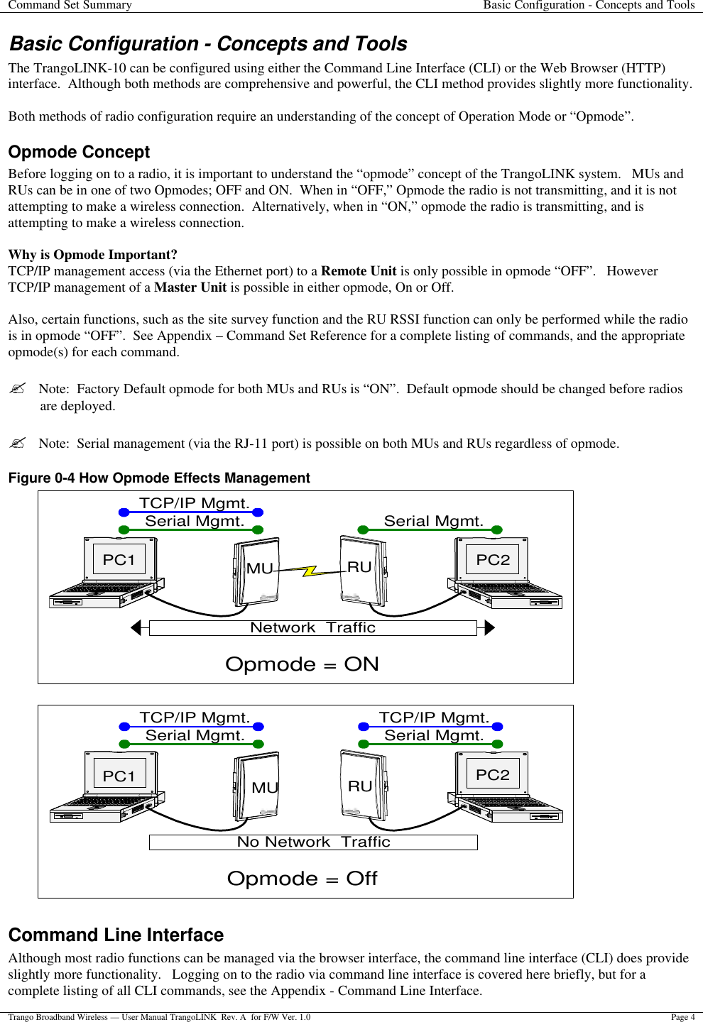 Command Set Summary Basic Configuration - Concepts and Tools  Trango Broadband Wireless — User Manual TrangoLINK  Rev. A  for F/W Ver. 1.0 Page 4  Basic Configuration - Concepts and Tools The TrangoLINK-10 can be configured using either the Command Line Interface (CLI) or the Web Browser (HTTP) interface.  Although both methods are comprehensive and powerful, the CLI method provides slightly more functionality.    Both methods of radio configuration require an understanding of the concept of Operation Mode or “Opmode”.   Opmode Concept Before logging on to a radio, it is important to understand the “opmode” concept of the TrangoLINK system.   MUs and RUs can be in one of two Opmodes; OFF and ON.  When in “OFF,” Opmode the radio is not transmitting, and it is not attempting to make a wireless connection.  Alternatively, when in “ON,” opmode the radio is transmitting, and is attempting to make a wireless connection.     Why is Opmode Important? TCP/IP management access (via the Ethernet port) to a Remote Unit is only possible in opmode “OFF”.   However TCP/IP management of a Master Unit is possible in either opmode, On or Off.  Also, certain functions, such as the site survey function and the RU RSSI function can only be performed while the radio is in opmode “OFF”.  See Appendix – Command Set Reference for a complete listing of commands, and the appropriate opmode(s) for each command.     ?  Note:  Factory Default opmode for both MUs and RUs is “ON”.  Default opmode should be changed before radios are deployed.  ?  Note:  Serial management (via the RJ-11 port) is possible on both MUs and RUs regardless of opmode. Figure 0-4 How Opmode Effects Management Opmode = OffPC2MU RUPC1No Network  TrafficTCP/IP Mgmt.Serial Mgmt. Serial Mgmt.TCP/IP Mgmt.Opmode = ONPC2MU RUPC1Network  TrafficTCP/IP Mgmt.Serial Mgmt. Serial Mgmt. Command Line Interface  Although most radio functions can be managed via the browser interface, the command line interface (CLI) does provide slightly more functionality.   Logging on to the radio via command line interface is covered here briefly, but for a complete listing of all CLI commands, see the Appendix - Command Line Interface. 