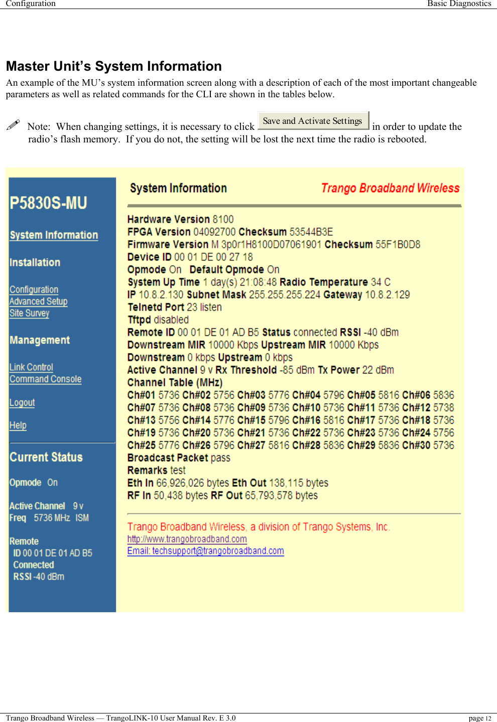 Configuration  Basic Diagnostics  Trango Broadband Wireless — TrangoLINK-10 User Manual Rev. E 3.0 page 12    Master Unit’s System Information  An example of the MU’s system information screen along with a description of each of the most important changeable parameters as well as related commands for the CLI are shown in the tables below.      Note:  When changing settings, it is necessary to click  Save and Activate Settings  in order to update the radio’s flash memory.  If you do not, the setting will be lost the next time the radio is rebooted.     