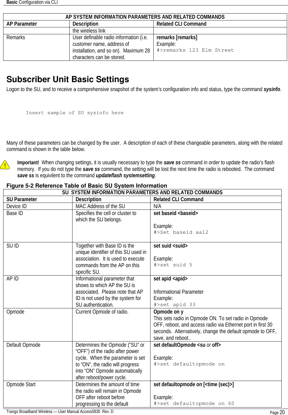 Basic Configuration via CLI    Trango Broadband Wireless — User Manual Access5830  Rev. D Page 20  AP SYSTEM INFORMATION PARAMETERS AND RELATED COMMANDS AP Parameter Description Related CLI Command the wireless link Remarks User definable radio information (i.e. customer name, address of installation, and so on).  Maximum 28 characters can be stored. remarks [remarks] Example: #&gt;remarks 123 Elm Street   Subscriber Unit Basic Settings Logon to the SU, and to receive a comprehensive snapshot of the system’s configuration info and status, type the command sysinfo.     Insert sample of SU sysinfo here     Many of these parameters can be changed by the user.  A description of each of these changeable parameters, along with the related command is shown in the table below.    ! Important!  When changing settings, it is usually necessary to type the save ss command in order to update the radio’s flash memory.  If you do not type the save ss command, the setting will be lost the next time the radio is rebooted.  The command save ss is equivilent to the command updateflash systemsetting. Figure 5-2 Reference Table of Basic SU System Information SU  SYSTEM INFORMATION PARAMETERS AND RELATED COMMANDS SU Parameter Description Related CLI Command Device ID MAC Address of the SU N/A Base ID Specifies the cell or cluster to which the SU belongs. set baseid &lt;baseid&gt;  Example: #&gt;Set baseid aa12  SU ID Together with Base ID is the unique identifier of this SU used in association.  It is used to execute commands from the AP on this specific SU.    set suid &lt;suid&gt;  Example: #&gt;set suid 5 AP ID Informational parameter that shows to which AP the SU is associated.  Please note that AP ID is not used by the system for SU authentication.    set apid &lt;apid&gt;  Informational Parameter Example: #&gt;set apid 33 Opmode Current Opmode of radio. Opmode on y This sets radio in Opmode ON. To set radio in Opmode OFF, reboot, and access radio via Ethernet port in first 30 seconds.  Alternatively, change the default opmode to OFF, save, and reboot.. Default Opmode Determines the Opmode (“SU” or “OFF”) of the radio after power cycle.  When the parameter is set to “ON”, the radio will progress into “ON” Opmode automatically after reboot/power cycle.   set defaultOpmode &lt;su or off&gt;  Example: #&gt;set defaultopmode on Opmode Start Determines the amount of time the radio will remain in Opmode OFF after reboot before progressing to the default set defaultopmode on [&lt;time (sec)&gt;]  Example: #&gt;set defaultopmode on 60 