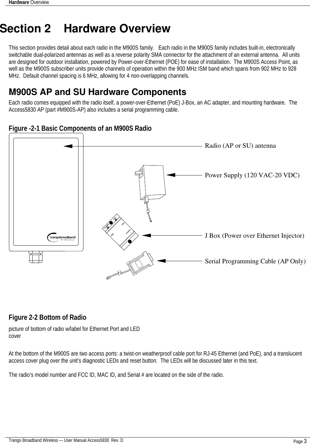 Hardware Overview    Trango Broadband Wireless — User Manual Access5830  Rev. D Page 3  Section 2    Hardware Overview  This section provides detail about each radio in the M900S family.   Each radio in the M900S family includes built-in, electronically switchable dual-polarized antennas as well as a reverse polarity SMA connector for the attachment of an external antenna.  All units are designed for outdoor installation, powered by Power-over-Ethernet (POE) for ease of installation.  The M900S Access Point, as well as the M900S subscriber units provide channels of operation within the 900 MHz ISM band which spans from 902 MHz to 928 MHz.  Default channel spacing is 6 MHz, allowing for 4 non-overlapping channels.   M900S AP and SU Hardware Components Each radio comes equipped with the radio itself, a power-over-Ethernet (PoE) J-Box, an AC adapter, and mounting hardware.  The Access5830 AP (part #M900S-AP) also includes a serial programming cable.    Figure -2-1 Basic Components of an M900S Radio Radio (AP or SU) antennaPower Supply (120 VAC-20 VDC)J Box (Power over Ethernet Injector)Serial Programming Cable (AP Only)     Figure 2-2 Bottom of Radio  picture of bottom of radio w/label for Ethernet Port and LED cover  At the bottom of the M900S are two access ports: a twist-on weatherproof cable port for RJ-45 Ethernet (and PoE), and a translucent access cover plug over the unit’s diagnostic LEDs and reset button.  The LEDs will be discussed later in this text.  The radio’s model number and FCC ID, MAC ID, and Serial # are located on the side of the radio.     