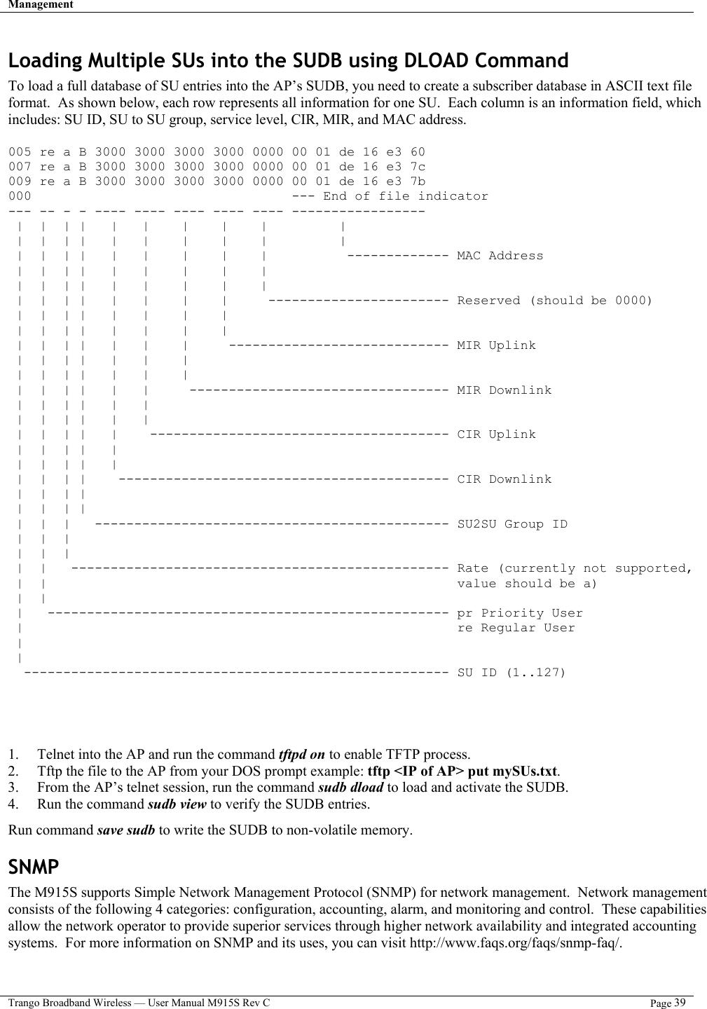 Management   Trango Broadband Wireless — User Manual M915S Rev C  Page 39  Loading Multiple SUs into the SUDB using DLOAD Command To load a full database of SU entries into the AP’s SUDB, you need to create a subscriber database in ASCII text file format.  As shown below, each row represents all information for one SU.  Each column is an information field, which includes: SU ID, SU to SU group, service level, CIR, MIR, and MAC address.  005 re a B 3000 3000 3000 3000 0000 00 01 de 16 e3 60   007 re a B 3000 3000 3000 3000 0000 00 01 de 16 e3 7c  009 re a B 3000 3000 3000 3000 0000 00 01 de 16 e3 7b  000         --- End of file indicator --- -- - - ---- ---- ---- ---- ---- -----------------  |  |  | |   |   |    |    |    |         |        |  |  | |   |   |    |    |    |         |  |  |  | |   |   |    |    |    |         ------------- MAC Address  |  |  | |   |   |    |    |    |  |  |  | |   |   |    |    |    |  |  |  | |   |   |    |    |     ----------------------- Reserved (should be 0000)  |  |  | |   |   |    |    |  |  |  | |   |   |    |    |  |  |  | |   |   |    |     ---------------------------- MIR Uplink  |  |  | |   |   |    |  |  |  | |   |   |    |  |  |  | |   |   |     --------------------------------- MIR Downlink  |  |  | |   |   |   |  |  | |   |   |  |  |  | |   |    -------------------------------------- CIR Uplink  |  |  | |   |  |  |  | |   |   |  |  | |    ------------------------------------------ CIR Downlink    |  |  | |  |  |  | |  |  |  |   --------------------------------------------- SU2SU Group ID  |  |  |  |  |  |  |  |   ------------------------------------------------ Rate (currently not supported,  |  |                                     value should be a)     |  |  |   --------------------------------------------------- pr Priority User  |                                     re Regular User  |  |   ------------------------------------------------------ SU ID (1..127)     1. Telnet into the AP and run the command tftpd on to enable TFTP process. 2.  Tftp the file to the AP from your DOS prompt example: tftp &lt;IP of AP&gt; put mySUs.txt. 3.  From the AP’s telnet session, run the command sudb dload to load and activate the SUDB. 4.  Run the command sudb view to verify the SUDB entries. Run command save sudb to write the SUDB to non-volatile memory. SNMP The M915S supports Simple Network Management Protocol (SNMP) for network management.  Network management consists of the following 4 categories: configuration, accounting, alarm, and monitoring and control.  These capabilities allow the network operator to provide superior services through higher network availability and integrated accounting systems.  For more information on SNMP and its uses, you can visit http://www.faqs.org/faqs/snmp-faq/.    