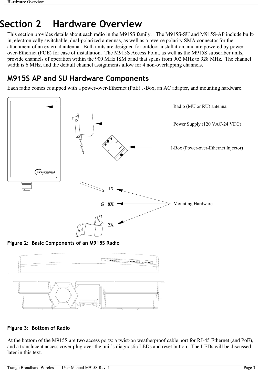 Hardware Overview    Trango Broadband Wireless — User Manual M915S Rev. 1  Page 3  Section 2    Hardware Overview This section provides details about each radio in the M915S family.   The M915S-SU and M915S-AP include built-in, electronically switchable, dual-polarized antennas, as well as a reverse polarity SMA connector for the attachment of an external antenna.  Both units are designed for outdoor installation, and are powered by power-over-Ethernet (POE) for ease of installation.  The M915S Access Point, as well as the M915S subscriber units, provide channels of operation within the 900 MHz ISM band that spans from 902 MHz to 928 MHz.  The channel width is 6 MHz, and the default channel assignments allow for 4 non-overlapping channels.   M915S AP and SU Hardware Components Each radio comes equipped with a power-over-Ethernet (PoE) J-Box, an AC adapter, and mounting hardware.     Radio (MU or RU) antennaPower Supply (120 VAC-24 VDC)J-Box (Power-over-Ethernet Injector)Mounting Hardware 4X8X2X Figure 2:  Basic Components of an M915S Radio    Figure 3:  Bottom of Radio   At the bottom of the M915S are two access ports: a twist-on weatherproof cable port for RJ-45 Ethernet (and PoE), and a translucent access cover plug over the unit’s diagnostic LEDs and reset button.  The LEDs will be discussed later in this text.  