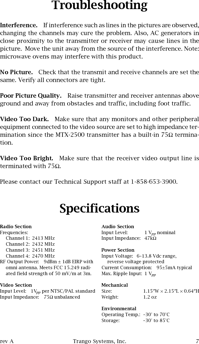 Trango Systems technical supportonline: www.trangosys.com voice: +1 858-653-3900