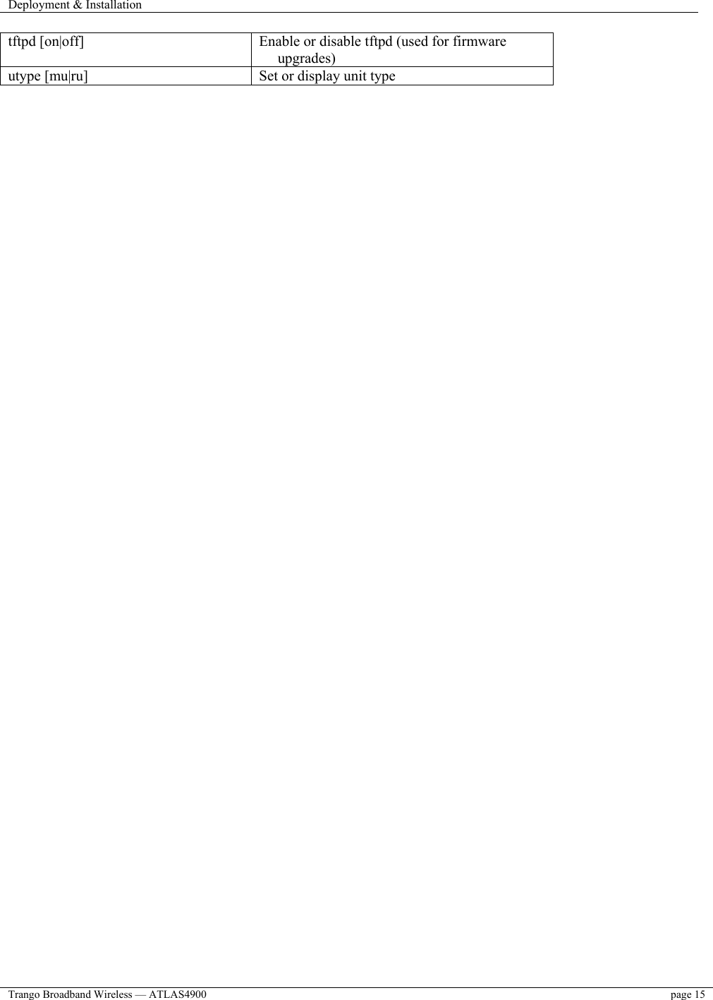 Deployment &amp; Installation    Trango Broadband Wireless — ATLAS4900  page 15   tftpd [on|off]  Enable or disable tftpd (used for firmware upgrades) utype [mu|ru]  Set or display unit type  