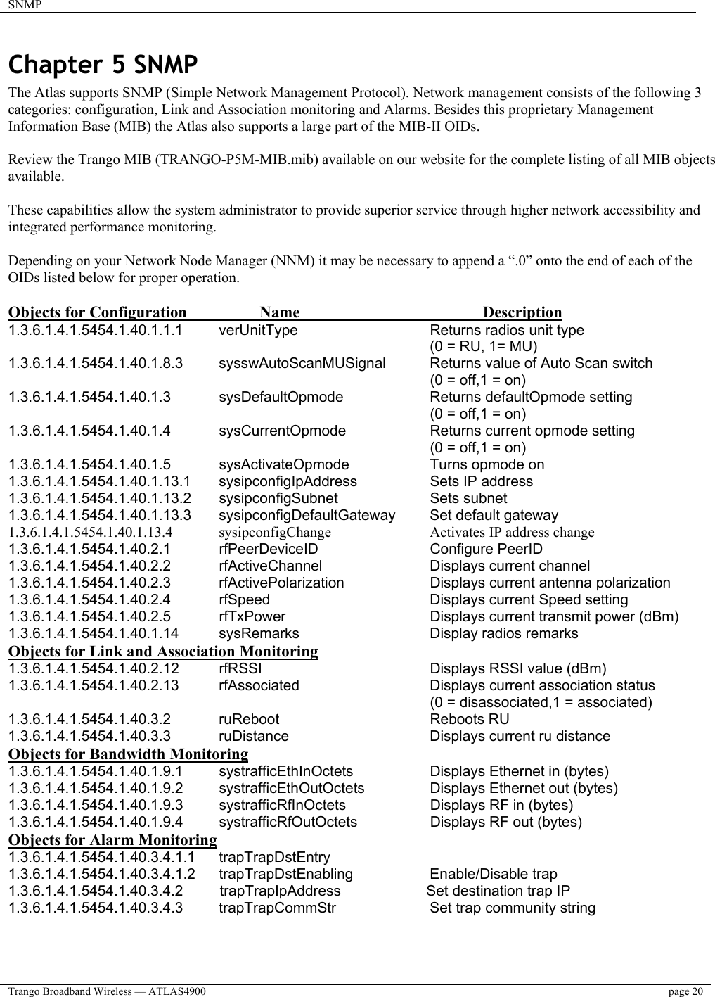 SNMP    Trango Broadband Wireless — ATLAS4900  page 20   Chapter 5 SNMP The Atlas supports SNMP (Simple Network Management Protocol). Network management consists of the following 3 categories: configuration, Link and Association monitoring and Alarms. Besides this proprietary Management Information Base (MIB) the Atlas also supports a large part of the MIB-II OIDs.   Review the Trango MIB (TRANGO-P5M-MIB.mib) available on our website for the complete listing of all MIB objects available.  These capabilities allow the system administrator to provide superior service through higher network accessibility and integrated performance monitoring.  Depending on your Network Node Manager (NNM) it may be necessary to append a “.0” onto the end of each of the OIDs listed below for proper operation.  Objects for Configuration                  Name                      Description              1.3.6.1.4.1.5454.1.40.1.1.1  verUnitType      Returns radios unit type  (0 = RU, 1= MU) 1.3.6.1.4.1.5454.1.40.1.8.3 sysswAutoScanMUSignal  Returns value of Auto Scan switch  (0 = off,1 = on) 1.3.6.1.4.1.5454.1.40.1.3 sysDefaultOpmode    Returns defaultOpmode setting         (0 = off,1 = on) 1.3.6.1.4.1.5454.1.40.1.4  sysCurrentOpmode    Returns current opmode setting         (0 = off,1 = on) 1.3.6.1.4.1.5454.1.40.1.5  sysActivateOpmode    Turns opmode on 1.3.6.1.4.1.5454.1.40.1.13.1  sysipconfigIpAddress    Sets IP address 1.3.6.1.4.1.5454.1.40.1.13.2 sysipconfigSubnet    Sets subnet 1.3.6.1.4.1.5454.1.40.1.13.3  sysipconfigDefaultGateway  Set default gateway 1.3.6.1.4.1.5454.1.40.1.13.4  sysipconfigChange    Activates IP address change 1.3.6.1.4.1.5454.1.40.2.1 rfPeerDeviceID   Configure PeerID 1.3.6.1.4.1.5454.1.40.2.2  rfActiveChannel   Displays current channel 1.3.6.1.4.1.5454.1.40.2.3 rfActivePolarization    Displays current antenna polarization 1.3.6.1.4.1.5454.1.40.2.4 rfSpeed    Displays current Speed setting 1.3.6.1.4.1.5454.1.40.2.5 rfTxPower      Displays current transmit power (dBm) 1.3.6.1.4.1.5454.1.40.1.14 sysRemarks   Display radios remarks    Objects for Link and Association Monitoring 1.3.6.1.4.1.5454.1.40.2.12 rfRSSI    Displays RSSI value (dBm) 1.3.6.1.4.1.5454.1.40.2.13 rfAssociated   Displays current association status         (0 = disassociated,1 = associated) 1.3.6.1.4.1.5454.1.40.3.2  ruReboot   Reboots RU 1.3.6.1.4.1.5454.1.40.3.3  ruDistance   Displays current ru distance Objects for Bandwidth Monitoring 1.3.6.1.4.1.5454.1.40.1.9.1 systrafficEthInOctets   Displays Ethernet in (bytes) 1.3.6.1.4.1.5454.1.40.1.9.2  systrafficEthOutOctets    Displays Ethernet out (bytes) 1.3.6.1.4.1.5454.1.40.1.9.3  systrafficRfInOctets    Displays RF in (bytes) 1.3.6.1.4.1.5454.1.40.1.9.4  systrafficRfOutOctets    Displays RF out (bytes) Objects for Alarm Monitoring 1.3.6.1.4.1.5454.1.40.3.4.1.1 trapTrapDstEntry 1.3.6.1.4.1.5454.1.40.3.4.1.2 trapTrapDstEnabling   Enable/Disable trap 1.3.6.1.4.1.5454.1.40.3.4.2         trapTrapIpAddress                     Set destination trap IP 1.3.6.1.4.1.5454.1.40.3.4.3  trapTrapCommStr    Set trap community string    