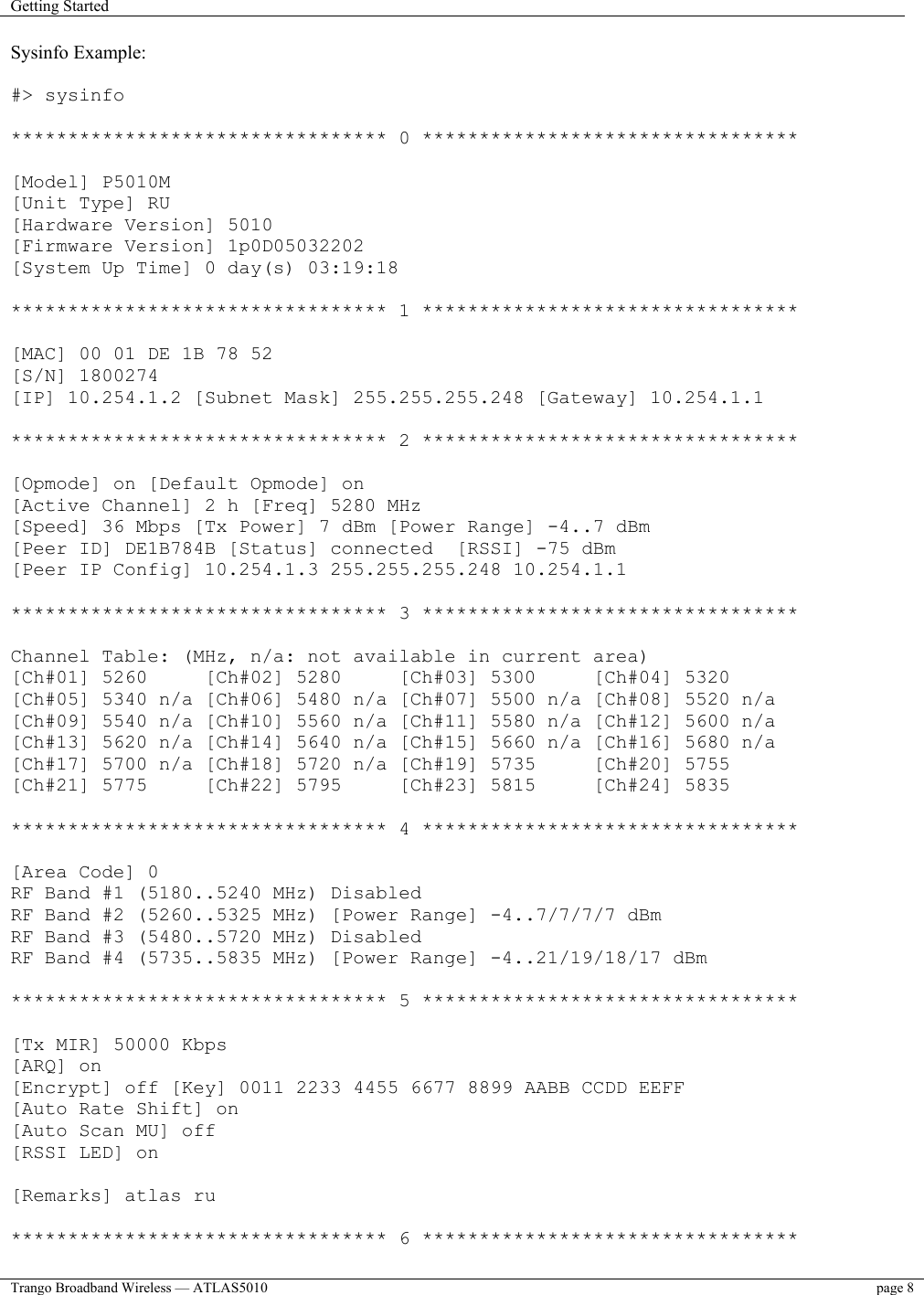 Getting Started    Trango Broadband Wireless — ATLAS5010  page 8   Sysinfo Example:  #&gt; sysinfo  ********************************* 0 *********************************  [Model] P5010M [Unit Type] RU [Hardware Version] 5010 [Firmware Version] 1p0D05032202 [System Up Time] 0 day(s) 03:19:18  ********************************* 1 *********************************  [MAC] 00 01 DE 1B 78 52 [S/N] 1800274 [IP] 10.254.1.2 [Subnet Mask] 255.255.255.248 [Gateway] 10.254.1.1  ********************************* 2 *********************************  [Opmode] on [Default Opmode] on [Active Channel] 2 h [Freq] 5280 MHz [Speed] 36 Mbps [Tx Power] 7 dBm [Power Range] -4..7 dBm [Peer ID] DE1B784B [Status] connected  [RSSI] -75 dBm [Peer IP Config] 10.254.1.3 255.255.255.248 10.254.1.1  ********************************* 3 *********************************  Channel Table: (MHz, n/a: not available in current area) [Ch#01] 5260     [Ch#02] 5280     [Ch#03] 5300     [Ch#04] 5320 [Ch#05] 5340 n/a [Ch#06] 5480 n/a [Ch#07] 5500 n/a [Ch#08] 5520 n/a [Ch#09] 5540 n/a [Ch#10] 5560 n/a [Ch#11] 5580 n/a [Ch#12] 5600 n/a [Ch#13] 5620 n/a [Ch#14] 5640 n/a [Ch#15] 5660 n/a [Ch#16] 5680 n/a [Ch#17] 5700 n/a [Ch#18] 5720 n/a [Ch#19] 5735     [Ch#20] 5755 [Ch#21] 5775     [Ch#22] 5795     [Ch#23] 5815     [Ch#24] 5835  ********************************* 4 *********************************  [Area Code] 0 RF Band #1 (5180..5240 MHz) Disabled RF Band #2 (5260..5325 MHz) [Power Range] -4..7/7/7/7 dBm RF Band #3 (5480..5720 MHz) Disabled RF Band #4 (5735..5835 MHz) [Power Range] -4..21/19/18/17 dBm  ********************************* 5 *********************************  [Tx MIR] 50000 Kbps [ARQ] on [Encrypt] off [Key] 0011 2233 4455 6677 8899 AABB CCDD EEFF [Auto Rate Shift] on [Auto Scan MU] off [RSSI LED] on  [Remarks] atlas ru  ********************************* 6 ********************************* 