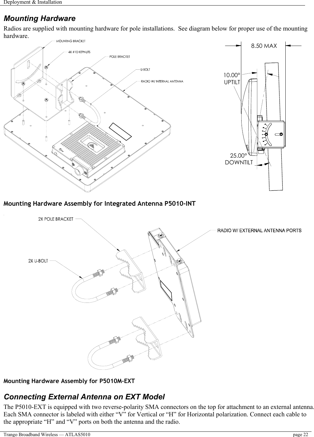 Deployment &amp; Installation    Trango Broadband Wireless — ATLAS5010  page 22   Mounting Hardware Radios are supplied with mounting hardware for pole installations.  See diagram below for proper use of the mounting hardware.                 10.00°UPTILT25.00°DOWNTILT8.50 MAX  Mounting Hardware Assembly for Integrated Antenna P5010-INT                    Mounting Hardware Assembly for P5010M-EXT Connecting External Antenna on EXT Model The P5010-EXT is equipped with two reverse-polarity SMA connectors on the top for attachment to an external antenna.  Each SMA connector is labeled with either “V” for Vertical or “H” for Horizontal polarization. Connect each cable to the appropriate “H” and “V” ports on both the antenna and the radio.  