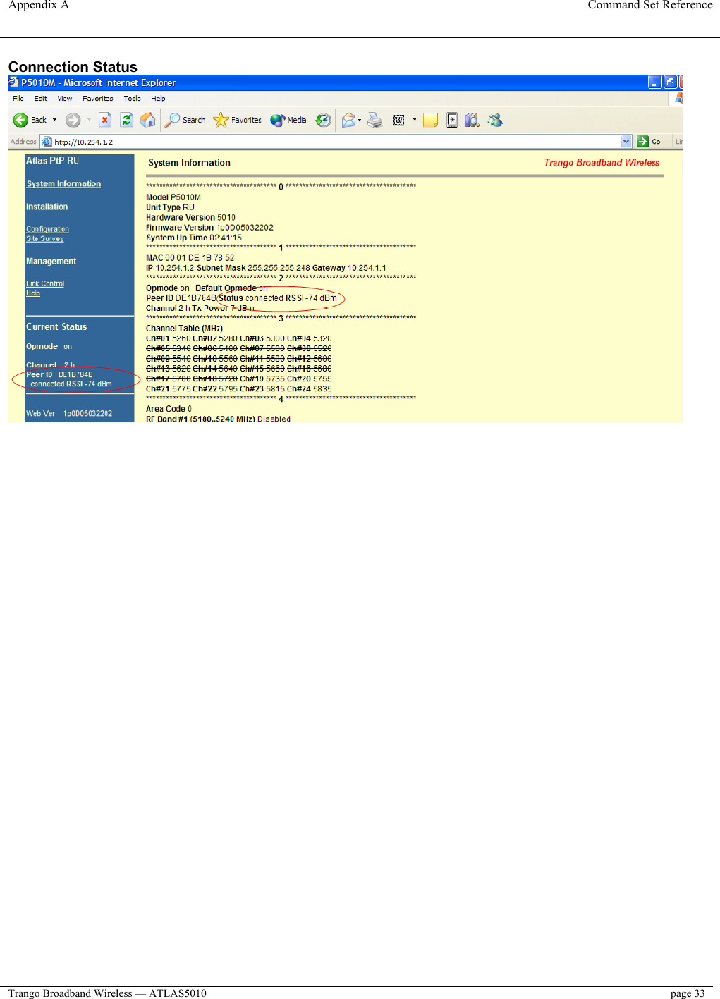 Appendix A  Command Set Reference  Trango Broadband Wireless — ATLAS5010  page 33   Connection Status    