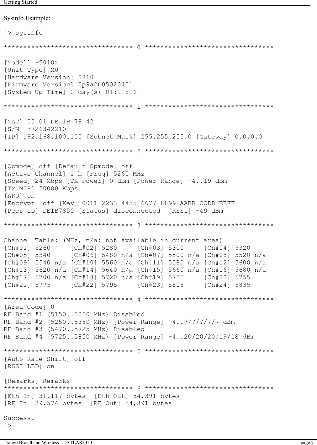 Getting Started    Trango Broadband Wireless — ATLAS5010  page 7   Sysinfo Example:  #&gt; sysinfo  ********************************* 0 *********************************  [Model] P5010M [Unit Type] MU [Hardware Version] 0810 [Firmware Version] 0p9a2D05020401 [System Up Time] 0 day(s) 01:21:16  ********************************* 1 *********************************  [MAC] 00 01 DE 1B 78 42 [S/N] 3726342210 [IP] 192.168.100.100 [Subnet Mask] 255.255.255.0 [Gateway] 0.0.0.0  ********************************* 2 *********************************  [Opmode] off [Default Opmode] off [Active Channel] 1 h [Freq] 5260 MHz [Speed] 24 Mbps [Tx Power] 0 dBm [Power Range] -4..19 dBm [Tx MIR] 50000 Kbps [ARQ] on [Encrypt] off [Key] 0011 2233 4455 6677 8899 AABB CCDD EEFF [Peer ID] DE1B7850 [Status] disconnected  [RSSI] -49 dBm  ********************************* 3 *********************************  Channel Table: (MHz, n/a: not available in current area) [Ch#01] 5260     [Ch#02] 5280     [Ch#03] 5300     [Ch#04] 5320 [Ch#05] 5340     [Ch#06] 5480 n/a [Ch#07] 5500 n/a [Ch#08] 5520 n/a [Ch#09] 5540 n/a [Ch#10] 5560 n/a [Ch#11] 5580 n/a [Ch#12] 5600 n/a [Ch#13] 5620 n/a [Ch#14] 5640 n/a [Ch#15] 5660 n/a [Ch#16] 5680 n/a [Ch#17] 5700 n/a [Ch#18] 5720 n/a [Ch#19] 5735     [Ch#20] 5755 [Ch#21] 5775     [Ch#22] 5795     [Ch#23] 5815     [Ch#24] 5835  ********************************* 4 ********************************* [Area Code] 0 RF Band #1 (5150..5250 MHz) Disabled RF Band #2 (5250..5350 MHz) [Power Range] -4..7/7/7/7/7 dBm RF Band #3 (5470..5725 MHz) Disabled RF Band #4 (5725..5850 MHz) [Power Range] -4..20/20/20/19/18 dBm  ********************************* 5 ********************************* [Auto Rate Shift] off [RSSI LED] on  [Remarks] Remarks ********************************* 6 ********************************* [Eth In] 31,117 bytes  [Eth Out] 54,391 bytes [RF In] 39,574 bytes  [RF Out] 54,391 bytes  Success. #&gt; 