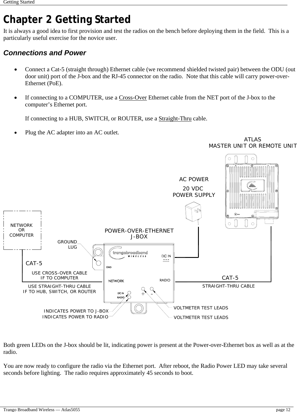 Getting Started    Trango Broadband Wireless — Atlas5055  page 12   Chapter 2 Getting Started It is always a good idea to first provision and test the radios on the bench before deploying them in the field.  This is a particularly useful exercise for the novice user. Connections and Power  •  Connect a Cat-5 (straight through) Ethernet cable (we recommend shielded twisted pair) between the ODU (out door unit) port of the J-box and the RJ-45 connector on the radio.  Note that this cable will carry power-over-Ethernet (PoE).    •  If connecting to a COMPUTER, use a Cross-Over Ethernet cable from the NET port of the J-box to the computer’s Ethernet port.  If connecting to a HUB, SWITCH, or ROUTER, use a Straight-Thru cable.  •  Plug the AC adapter into an AC outlet.  CAT-5STRAIGHT-THRU CABLE20 VDCPOWER SUPPLYAC POWERATLASMASTER UNIT OR REMOTE UNITPOWER-OVER-ETHERNETJ-BOXINDICATES POWER TO RADIOINDICATES POWER TO J-BOXCAT-5NETWORKORCOMPUTER GROUNDLUGVOLTMETER TEST LEADSVOLTMETER TEST LEADSUSE STRAIGHT-THRU CABLEIF TO HUB, SWITCH, OR ROUTERUSE CROSS-OVER CABLEIF TO COMPUTER   Both green LEDs on the J-box should be lit, indicating power is present at the Power-over-Ethernet box as well as at the radio.  You are now ready to configure the radio via the Ethernet port.  After reboot, the Radio Power LED may take several seconds before lighting.  The radio requires approximately 45 seconds to boot.  