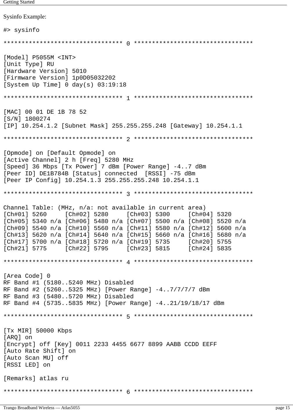 Getting Started    Trango Broadband Wireless — Atlas5055  page 15   Sysinfo Example:  #&gt; sysinfo  ********************************* 0 *********************************  [Model] P5055M &lt;INT&gt; [Unit Type] RU [Hardware Version] 5010 [Firmware Version] 1p0D05032202 [System Up Time] 0 day(s) 03:19:18  ********************************* 1 *********************************  [MAC] 00 01 DE 1B 78 52 [S/N] 1800274 [IP] 10.254.1.2 [Subnet Mask] 255.255.255.248 [Gateway] 10.254.1.1  ********************************* 2 *********************************  [Opmode] on [Default Opmode] on [Active Channel] 2 h [Freq] 5280 MHz [Speed] 36 Mbps [Tx Power] 7 dBm [Power Range] -4..7 dBm [Peer ID] DE1B784B [Status] connected  [RSSI] -75 dBm [Peer IP Config] 10.254.1.3 255.255.255.248 10.254.1.1  ********************************* 3 *********************************  Channel Table: (MHz, n/a: not available in current area) [Ch#01] 5260     [Ch#02] 5280     [Ch#03] 5300     [Ch#04] 5320 [Ch#05] 5340 n/a [Ch#06] 5480 n/a [Ch#07] 5500 n/a [Ch#08] 5520 n/a [Ch#09] 5540 n/a [Ch#10] 5560 n/a [Ch#11] 5580 n/a [Ch#12] 5600 n/a [Ch#13] 5620 n/a [Ch#14] 5640 n/a [Ch#15] 5660 n/a [Ch#16] 5680 n/a [Ch#17] 5700 n/a [Ch#18] 5720 n/a [Ch#19] 5735     [Ch#20] 5755 [Ch#21] 5775     [Ch#22] 5795     [Ch#23] 5815     [Ch#24] 5835  ********************************* 4 *********************************  [Area Code] 0 RF Band #1 (5180..5240 MHz) Disabled RF Band #2 (5260..5325 MHz) [Power Range] -4..7/7/7/7 dBm RF Band #3 (5480..5720 MHz) Disabled RF Band #4 (5735..5835 MHz) [Power Range] -4..21/19/18/17 dBm  ********************************* 5 *********************************  [Tx MIR] 50000 Kbps [ARQ] on [Encrypt] off [Key] 0011 2233 4455 6677 8899 AABB CCDD EEFF [Auto Rate Shift] on [Auto Scan MU] off [RSSI LED] on  [Remarks] atlas ru  ********************************* 6 ********************************* 