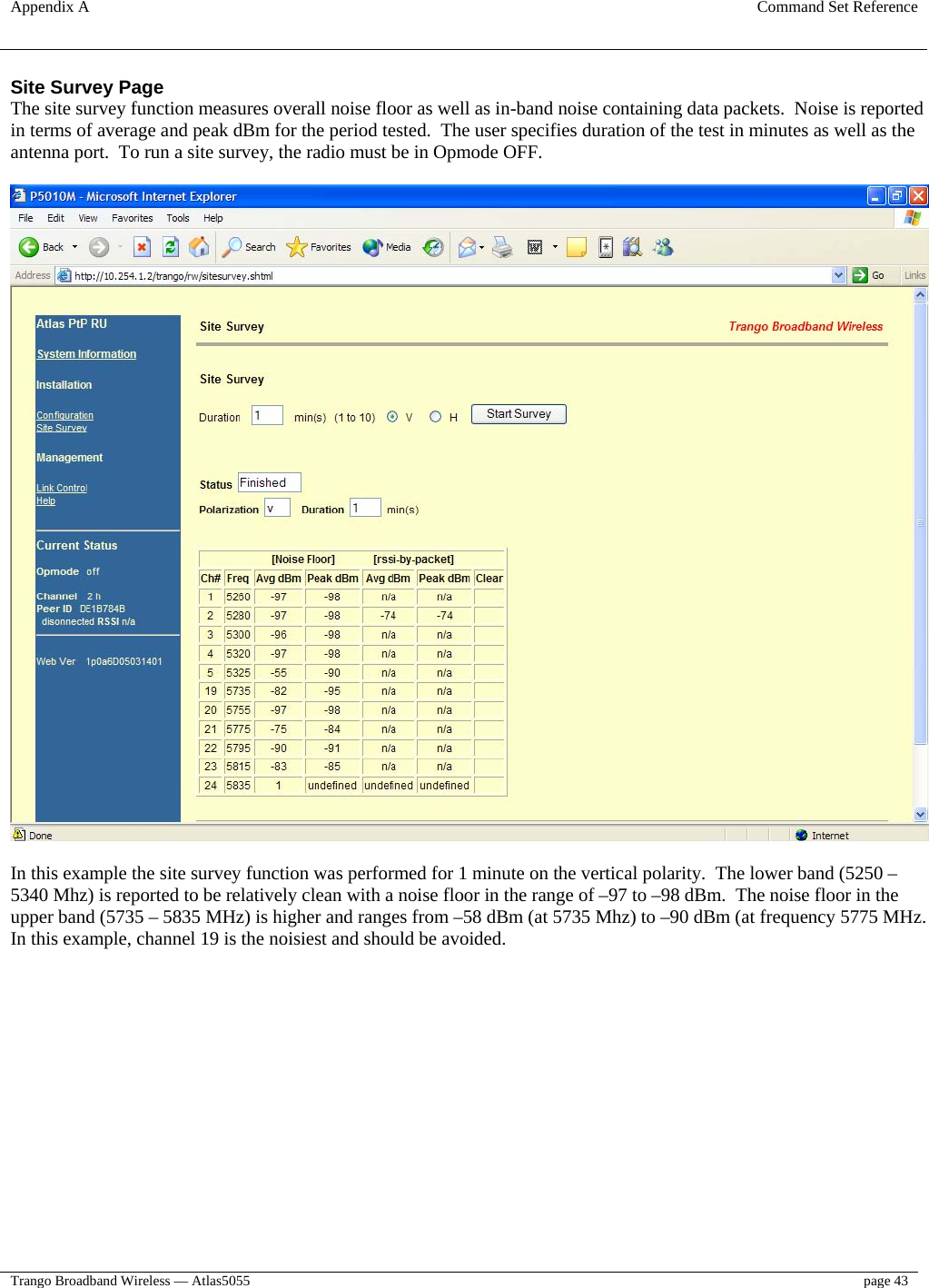 Appendix A  Command Set Reference  Trango Broadband Wireless — Atlas5055  page 43   Site Survey Page The site survey function measures overall noise floor as well as in-band noise containing data packets.  Noise is reported in terms of average and peak dBm for the period tested.  The user specifies duration of the test in minutes as well as the antenna port.  To run a site survey, the radio must be in Opmode OFF.    In this example the site survey function was performed for 1 minute on the vertical polarity.  The lower band (5250 – 5340 Mhz) is reported to be relatively clean with a noise floor in the range of –97 to –98 dBm.  The noise floor in the upper band (5735 – 5835 MHz) is higher and ranges from –58 dBm (at 5735 Mhz) to –90 dBm (at frequency 5775 MHz.  In this example, channel 19 is the noisiest and should be avoided.    