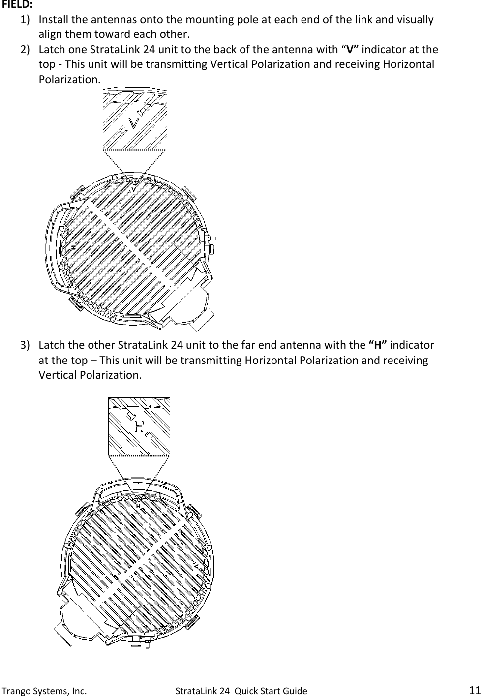TrangoSystems,Inc.StrataLink24QuickStartGuide11FIELD:1) Installtheantennasontothemountingpoleateachendofthelinkandvisuallyalignthemtowardeachother.2) LatchoneStrataLink24unittothebackoftheantennawith“V”indicatoratthetop‐ThisunitwillbetransmittingVerticalPolarizationandreceivingHorizontalPolarization. 3) LatchtheotherStrataLink24unittothefarendantennawiththe“H”indicatoratthetop–ThisunitwillbetransmittingHorizontalPolarizationandreceivingVerticalPolarization. 