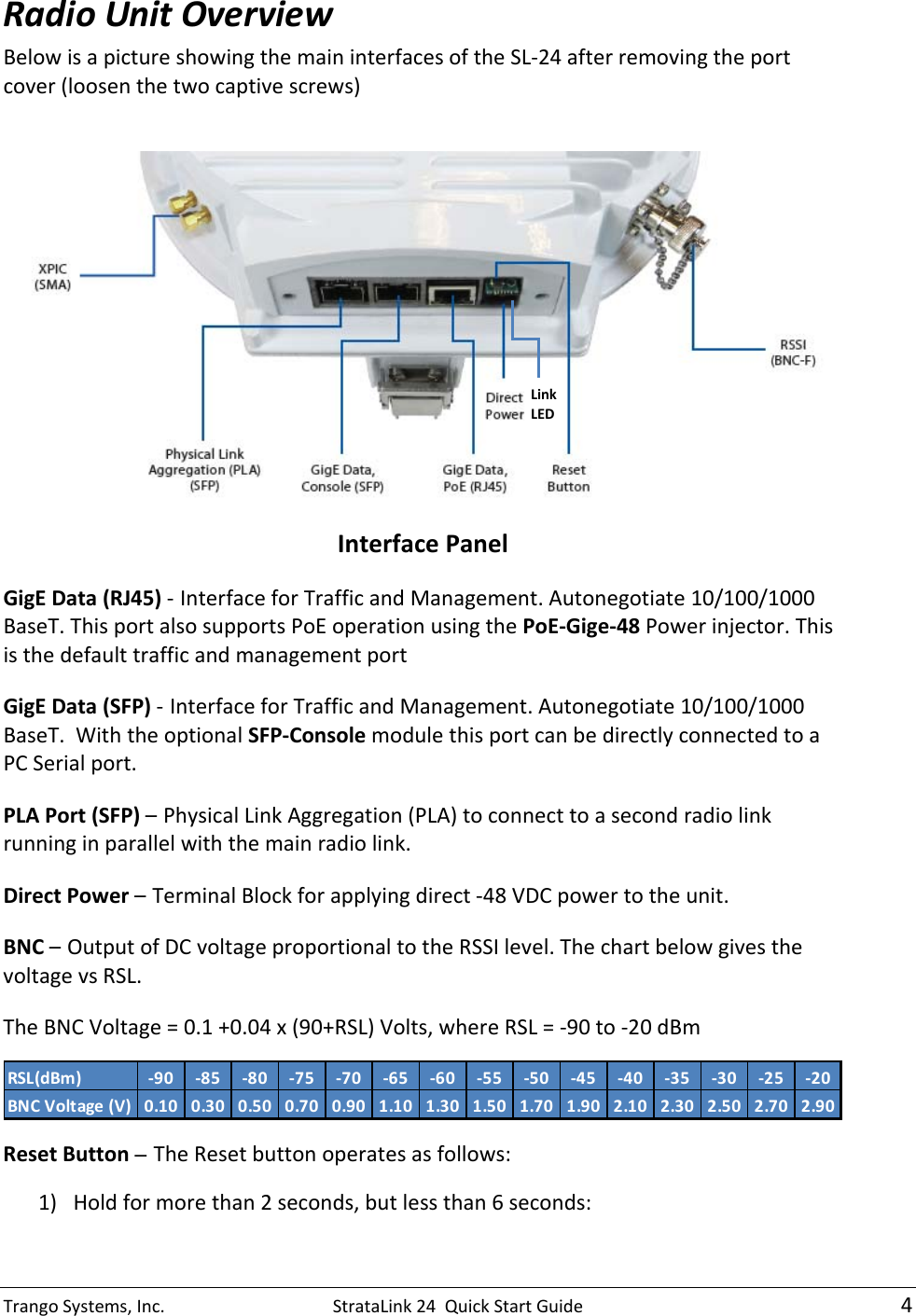 TrangoSystems,Inc.StrataLink24QuickStartGuide4RadioUnitOverviewBelowisapictureshowingthemaininterfacesoftheSL‐24afterremovingtheportcover(loosenthetwocaptivescrews)InterfacePanelGigEData(RJ45)‐InterfaceforTrafficandManagement.Autonegotiate10/100/1000BaseT.ThisportalsosupportsPoEoperationusingthePoE‐Gige‐48Powerinjector.ThisisthedefaulttrafficandmanagementportGigEData(SFP)‐InterfaceforTrafficandManagement.Autonegotiate10/100/1000BaseT.WiththeoptionalSFP‐ConsolemodulethisportcanbedirectlyconnectedtoaPCSerialport.PLAPort(SFP)–PhysicalLinkAggregation(PLA)toconnecttoasecondradiolinkrunninginparallelwiththemainradiolink.DirectPower–TerminalBlockforapplyingdirect‐48VDCpowertotheunit.BNC–OutputofDCvoltageproportionaltotheRSSIlevel.ThechartbelowgivesthevoltagevsRSL.TheBNCVoltage=0.1+0.04x(90+RSL)Volts,whereRSL=‐90to‐20dBmRSL(dBm) ‐90 ‐85 ‐80 ‐75 ‐70 ‐65 ‐60 ‐55 ‐50 ‐45 ‐40 ‐35 ‐30 ‐25 ‐20BNCVoltage(V)0.100.300.500.700.901.101.301.501.701.902.102.302.502.702.90 ResetButton – TheResetbuttonoperatesasfollows:1) Holdformorethan2seconds,butlessthan6seconds:LinkLED