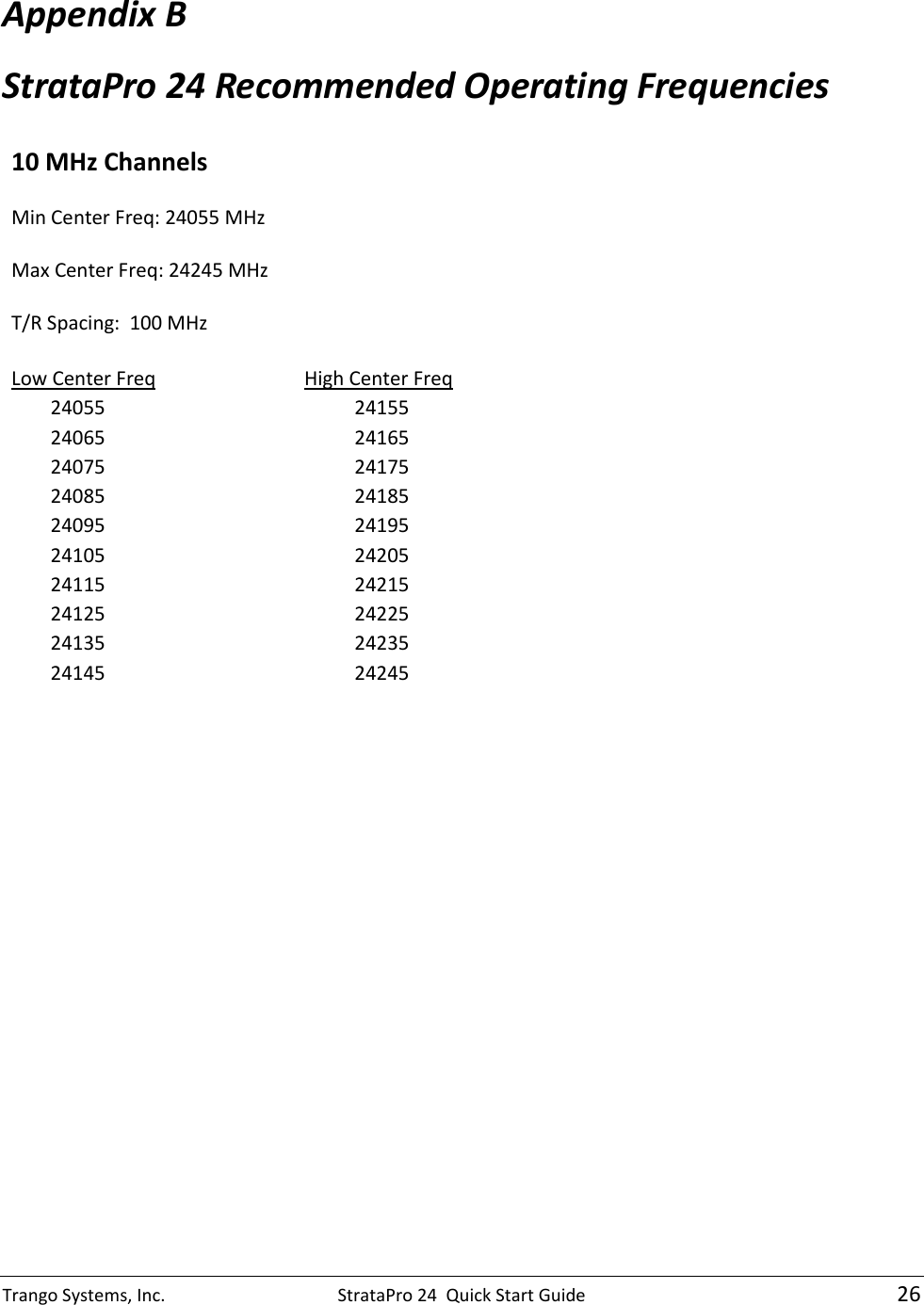 Trango Systems, Inc.  StrataPro 24  Quick Start Guide   26 Appendix B  StrataPro 24 Recommended Operating Frequencies    10 MHz Channels  Min Center Freq: 24055 MHz  Max Center Freq: 24245 MHz  T/R Spacing:  100 MHz    Low Center Freq High Center Freq          24055 24155          24065 24165          24075 24175          24085 24185          24095 24195          24105 24205          24115 24215          24125 24225          24135 24235          24145 24245                                                        