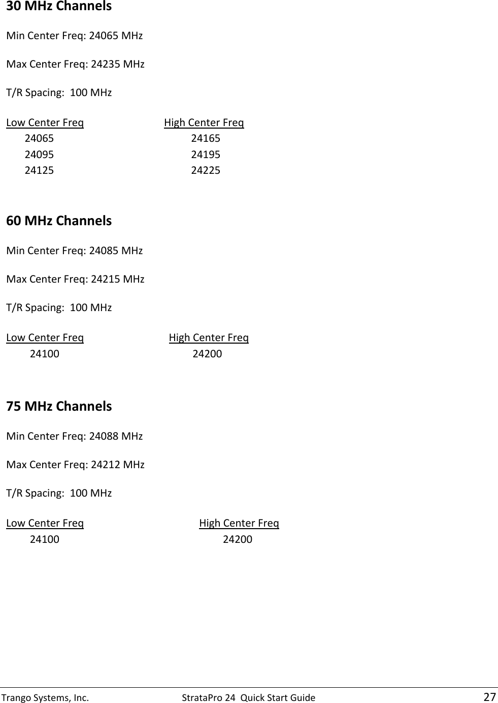 Trango Systems, Inc.  StrataPro 24  Quick Start Guide   27    30 MHz Channels  Min Center Freq: 24065 MHz  Max Center Freq: 24235 MHz  T/R Spacing:  100 MHz    Low Center Freq High Center Freq         24065 24165         24095 24195         24125 24225      60 MHz Channels  Min Center Freq: 24085 MHz  Max Center Freq: 24215 MHz  T/R Spacing:  100 MHz   Low Center Freq High Center Freq          24100          24200   75 MHz Channels  Min Center Freq: 24088 MHz  Max Center Freq: 24212 MHz  T/R Spacing:  100 MHz   Low Center Freq High Center Freq          24100          24200  