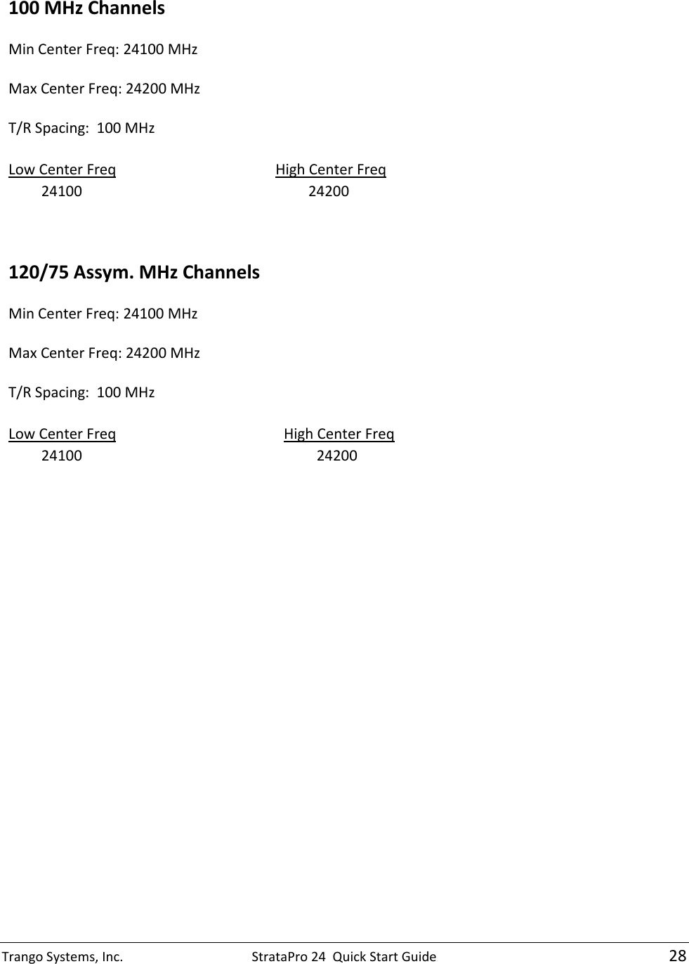 Trango Systems, Inc.  StrataPro 24  Quick Start Guide   28  100 MHz Channels  Min Center Freq: 24100 MHz  Max Center Freq: 24200 MHz  T/R Spacing:  100 MHz   Low Center Freq High Center Freq          24100          24200  120/75 Assym. MHz Channels  Min Center Freq: 24100 MHz  Max Center Freq: 24200 MHz  T/R Spacing:  100 MHz   Low Center Freq High Center Freq          24100          24200 