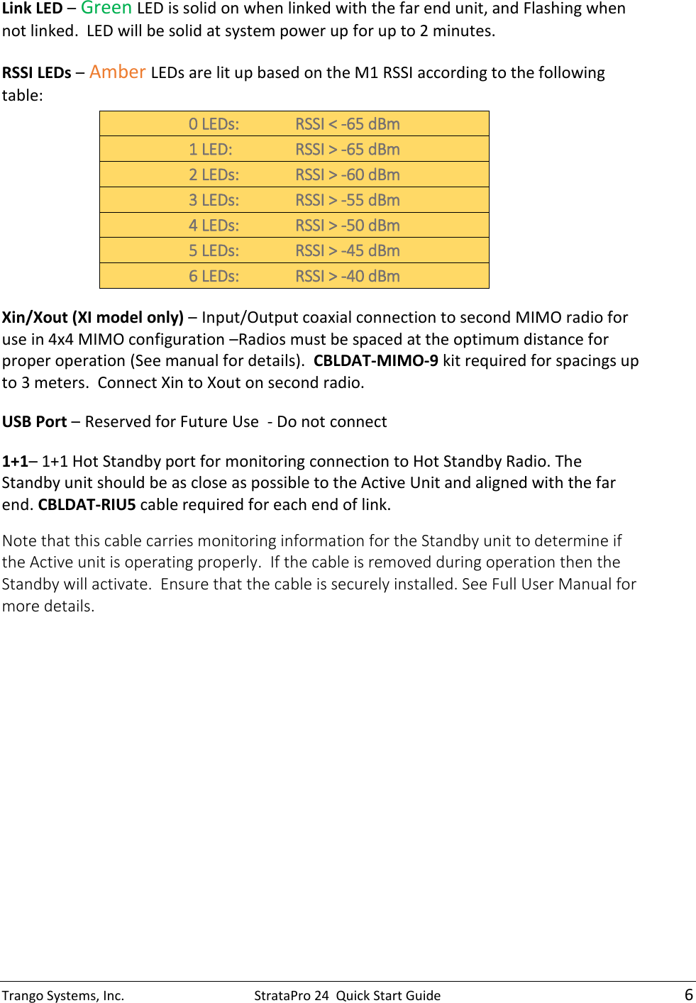 Trango Systems, Inc.  StrataPro 24  Quick Start Guide    6 Link LED – Green LED is solid on when linked with the far end unit, and Flashing when not linked.  LED will be solid at system power up for up to 2 minutes. RSSI LEDs – Amber LEDs are lit up based on the M1 RSSI according to the following table: 0 LEDs:    RSSI &lt; -65 dBm 1 LED:    RSSI &gt; -65 dBm 2 LEDs:   RSSI &gt; -60 dBm 3 LEDs:   RSSI &gt; -55 dBm 4 LEDs:   RSSI &gt; -50 dBm 5 LEDs:   RSSI &gt; -45 dBm 6 LEDs:   RSSI &gt; -40 dBm Xin/Xout (XI model only) – Input/Output coaxial connection to second MIMO radio for use in 4x4 MIMO configuration –Radios must be spaced at the optimum distance for proper operation (See manual for details).  CBLDAT-MIMO-9 kit required for spacings up to 3 meters.  Connect Xin to Xout on second radio. USB Port – Reserved for Future Use  - Do not connect  1+1– 1+1 Hot Standby port for monitoring connection to Hot Standby Radio. The Standby unit should be as close as possible to the Active Unit and aligned with the far end. CBLDAT-RIU5 cable required for each end of link. Note that this cable carries monitoring information for the Standby unit to determine if the Active unit is operating properly.  If the cable is removed during operation then the Standby will activate.  Ensure that the cable is securely installed. See Full User Manual for more details.  