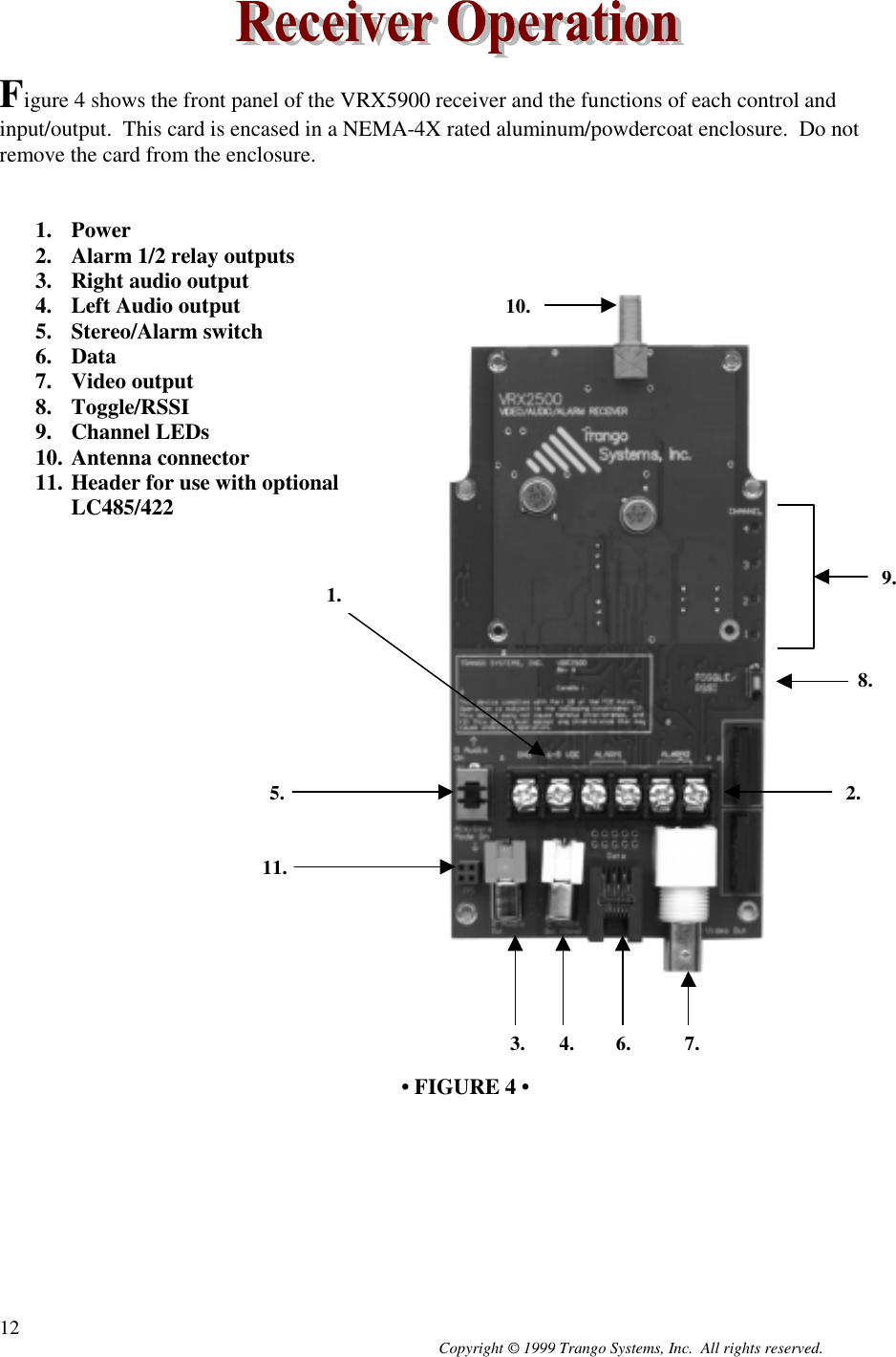 Copyright © 1999 Trango Systems, Inc.  All rights reserved.12Figure 4 shows the front panel of the VRX5900 receiver and the functions of each control andinput/output.  This card is encased in a NEMA-4X rated aluminum/powdercoat enclosure.  Do notremove the card from the enclosure.1. Power2. Alarm 1/2 relay outputs3. Right audio output4. Left Audio output5. Stereo/Alarm switch6. Data7. Video output8. Toggle/RSSI9. Channel LEDs10. Antenna connector11. Header for use with optionalLC485/422• FIGURE 4 •8.2.9.5.1.7.6.4.3.10.11.