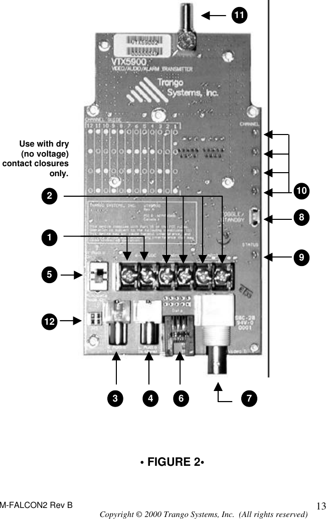 M-FALCON2 Rev B Copyright © 2000 Trango Systems, Inc.  (All rights reserved) 13                                   • FIGURE 2• Use with dry (no voltage) contact closures only.8 9 10 12 1 2 3 4 5 6 7 11 