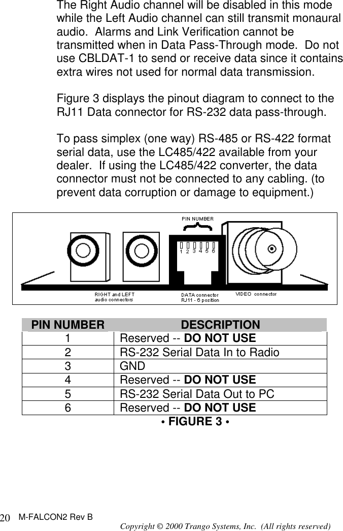 M-FALCON2 Rev B Copyright © 2000 Trango Systems, Inc.  (All rights reserved) 20The Right Audio channel will be disabled in this mode while the Left Audio channel can still transmit monaural audio.  Alarms and Link Verification cannot be transmitted when in Data Pass-Through mode.  Do not use CBLDAT-1 to send or receive data since it contains extra wires not used for normal data transmission.  Figure 3 displays the pinout diagram to connect to the RJ11 Data connector for RS-232 data pass-through.  To pass simplex (one way) RS-485 or RS-422 format serial data, use the LC485/422 available from your dealer.  If using the LC485/422 converter, the data connector must not be connected to any cabling. (to prevent data corruption or damage to equipment.)    PIN NUMBER DESCRIPTION 1 Reserved -- DO NOT USE 2 RS-232 Serial Data In to Radio 3 GND 4 Reserved -- DO NOT USE 5 RS-232 Serial Data Out to PC 6 Reserved -- DO NOT USE  • FIGURE 3 •  