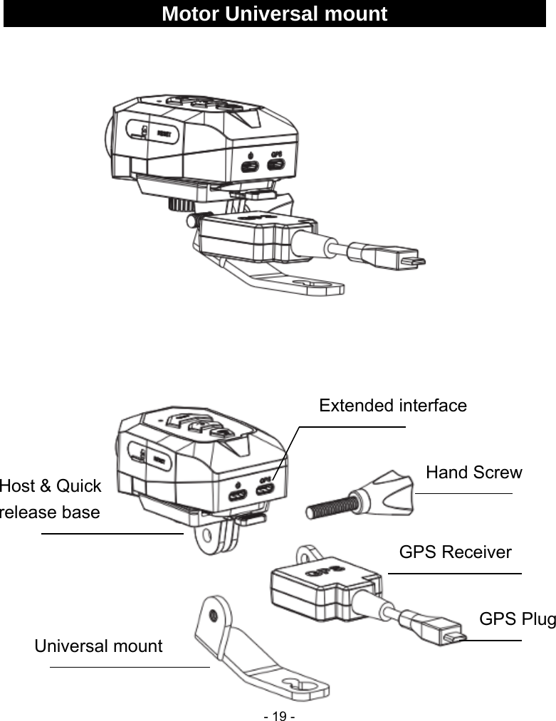  - 19 -   Motor Universal mount                         GPS Plug Host &amp; Quick release baseUniversal mount GPS Receiver Hand Screw Extended interface 