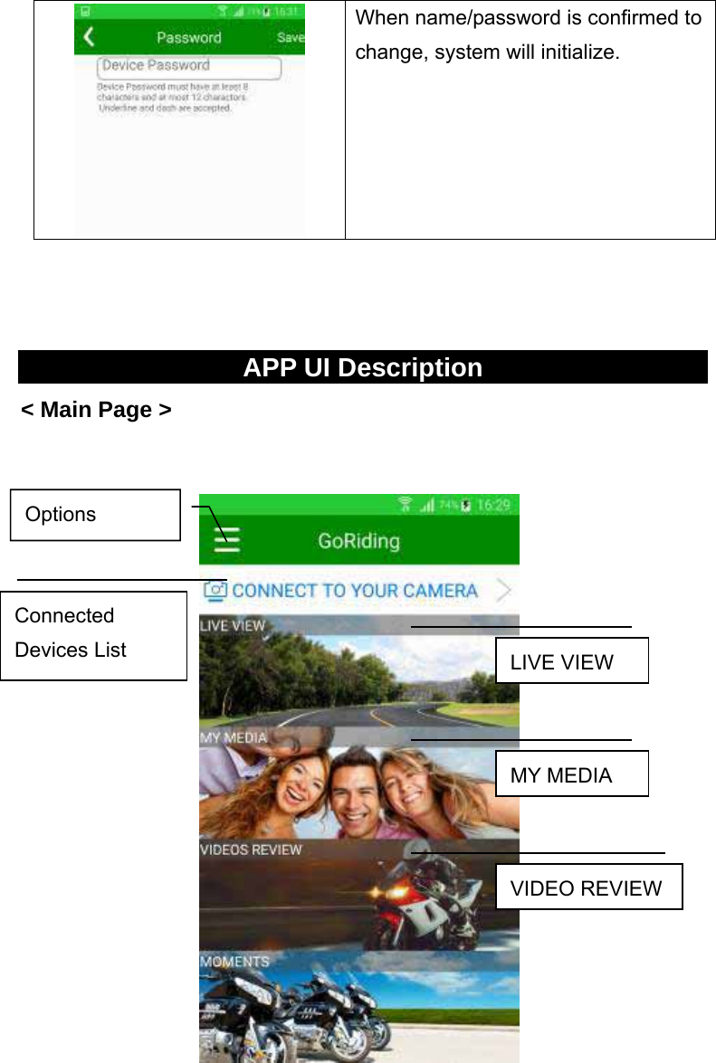  - 30 -When name/password is confirmed to change, system will initialize.    APP UI Description &lt; Main Page &gt;                                 LIVE VIEW MY MEDIA VIDEO REVIEW Connected Devices List Options 