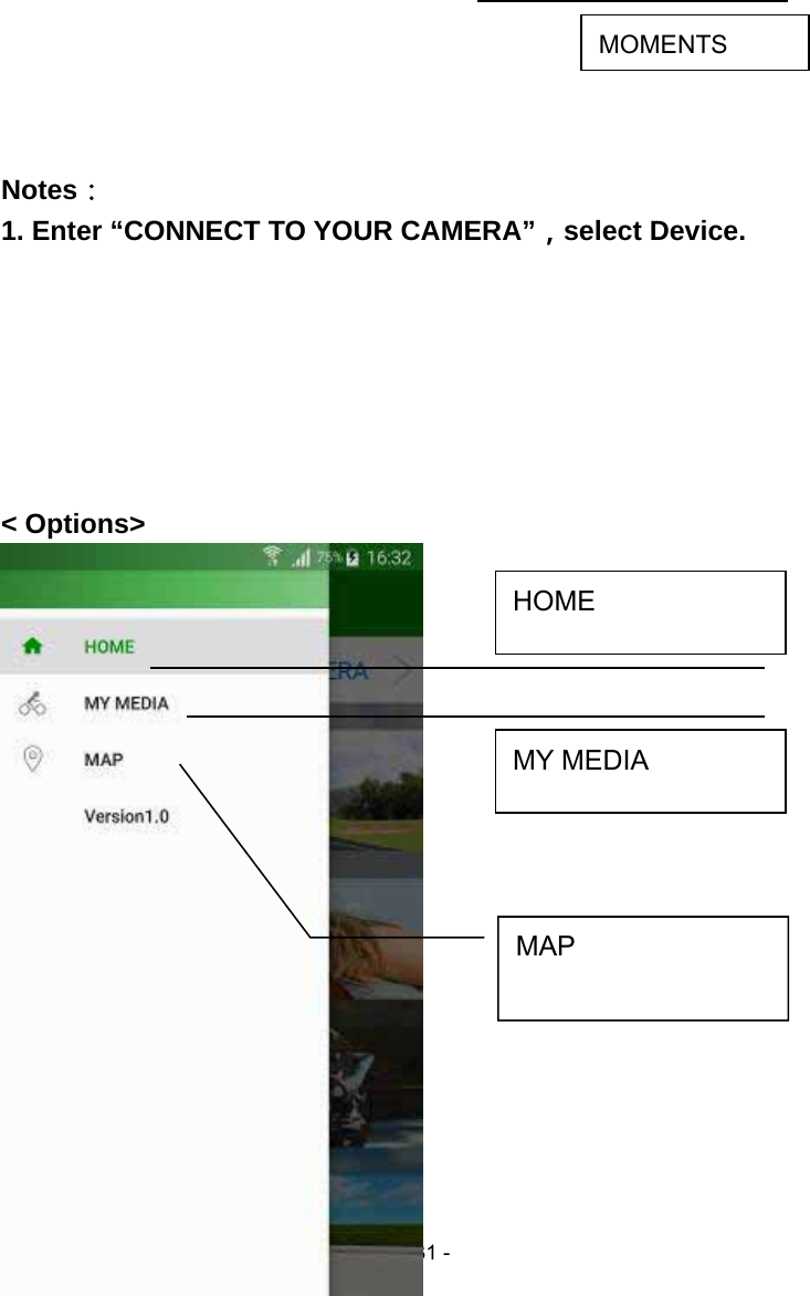  - 31 -    Notes： 1. Enter “CONNECT TO YOUR CAMERA”，select Device.       &lt; Options&gt;                 MOMENTS MY MEDIA MAP HOME 