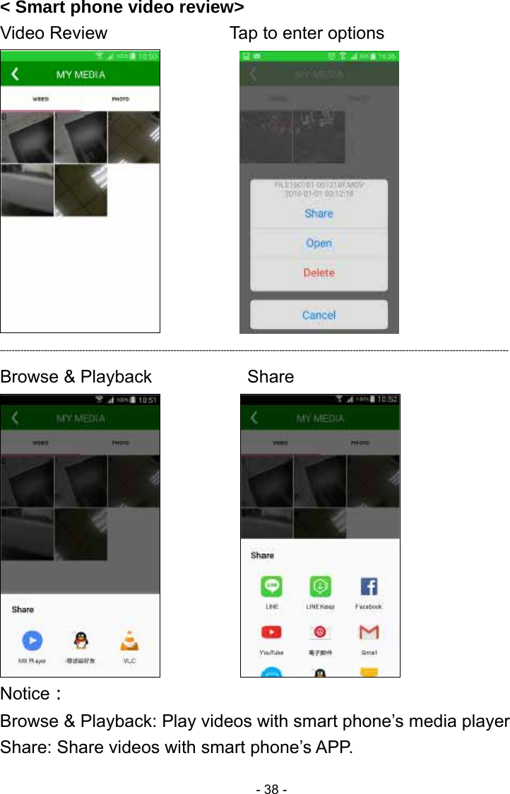 - 38 -&lt; Smart phone video review&gt;   Video Review          Tap to enter options            ----------------------------------------------------------------------------------------------------------------------------------------------------------------------------- Browse &amp; Playback        Share               Notice： Browse &amp; Playback: Play videos with smart phone’s media player Share: Share videos with smart phone’s APP.   