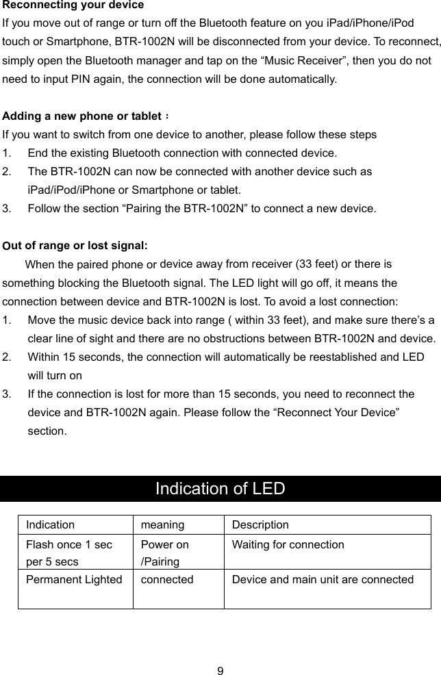  econnecting your device rn off the Bluetooth feature on you iPad/iPhone/iPod ect, dding a new phone or tablet： e to another, please follow these steps h as  to connect a new device. ut of range or lost signal:  device away from receiver (33 feet) or there is somre’s a tion is lost for more than 15 seconds, you need to reconnect the RIf you move out of range or tutouch or Smartphone, BTR-1002N will be disconnected from your device. To reconnsimply open the Bluetooth manager and tap on the “Music Receiver”, then you do not need to input PIN again, the connection will be done automatically.  AIf you want to switch from one devic1.  End the existing Bluetooth connection with connected device.   2.  The BTR-1002N can now be connected with another device suciPad/iPod/iPhone or Smartphone or tablet. 3.  Follow the section “Pairing the BTR-1002N” OWhen the paired phone orething blocking the Bluetooth signal. The LED light will go off, it means the connection between device and BTR-1002N is lost. To avoid a lost connection: 1.  Move the music device back into range ( within 33 feet), and make sure theclear line of sight and there are no obstructions between BTR-1002N and device. 2.  Within 15 seconds, the connection will automatically be reestablished and LED will turn on 3.  If the connecdevice and BTR-1002N again. Please follow the “Reconnect Your Device” section.   Indication of LED  9  Indication meaning Description Flash once 1 sec  nnection per 5 secs Power on /Pairing  Waiting for coPermanent Lighted Device and main unit are connected connected  