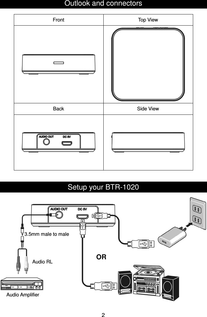  2Outlook and connectors  Setup your BTR-1020                   Front  Top View   Back  Side View    Audio Amplifier Audio RL 3.5mm male to male OR 