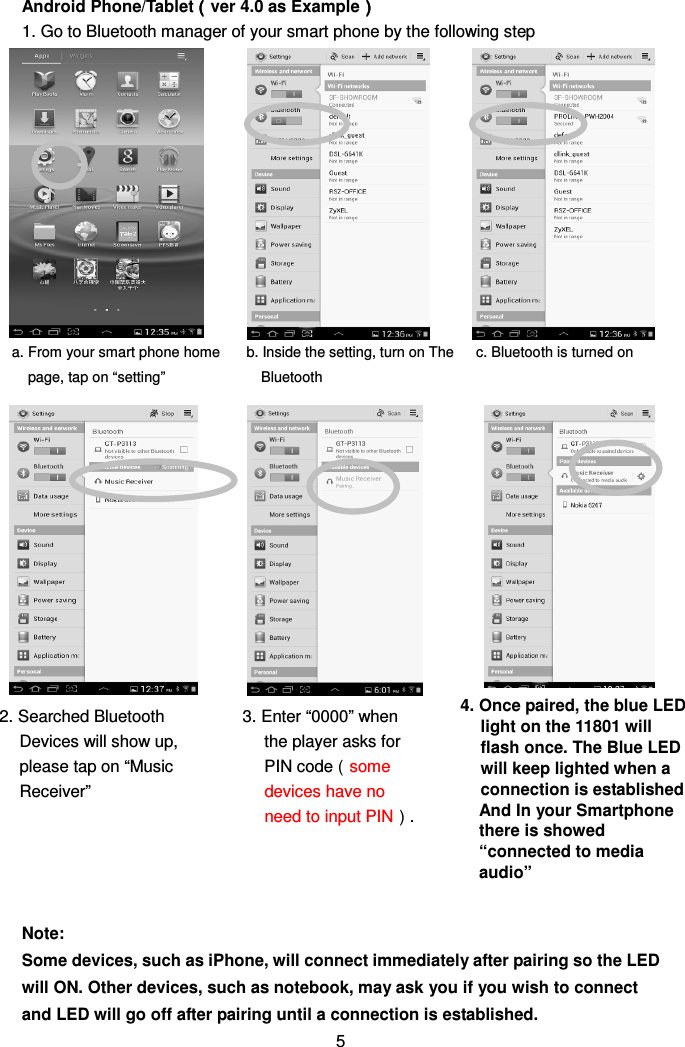 Android Phone/Tablet（（（（ver 4.0 as Example）））） 1. Go to Bluetooth manager of your smart phone by the following step                                     Note:   Some devices, such as iPhone, will connect immediately after pairing so the LED will ON. Other devices, such as notebook, may ask you if you wish to connect and LED will go off after pairing until a connection is established. 5 a. From your smart phone home page, tap on “setting” b. Inside the setting, turn on The Bluetooth  c. Bluetooth is turned on 2. Searched Bluetooth Devices will show up, please tap on “Music Receiver”  3. Enter “0000” when the player asks for PIN code（some devices have no need to input PIN）.   4. Once paired, the blue LED light on the 11801 will flash once. The Blue LED will keep lighted when a connection is established And In your Smartphone there is showed “connected to media audio”  