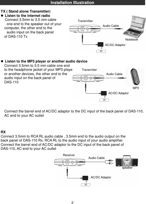 Installation Illustration  TX ( Stand alone Transmitter)  Listen to the internet radio Connect 3.5mm to 3.5 mm cable one end to the speaker out of your computer, the other end to the audio input on the back panel of DAS-110 Tx       Listen to the MP3 player or another audio device Connect 3.5mm to 3.5 mm cable one end to the headphone jacket of your MP3 player or another devices, the other end to the audio input on the back panel of DAS-110       Connect the barrel end of AC/DC adaptor to the DC input of the back panel of DAS-110, AC end to your AC outlet      RX Connect 3.5mm to RCA RL audio cable , 3.5mm end to the audio output on the back panel of DAS-110 Rx, RCA RL to the audio input of your audio amplifier. Connect the barrel end of AC/DC adaptor to the DC input of the back panel of DAS-110, AC end to your AC outlet             2 Transmitter Transmitter MP3 Notebook Audio Cable Audio Cable Audio Cable ReceiverAC/DC Adaptor AC/DC Adaptor AC/DC Adaptor speaker 