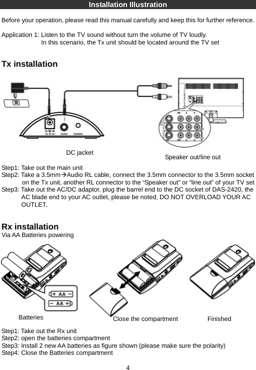 Installation Illustration  Before your operation, please read this manual carefully and keep this for further reference.  Application 1: Listen to the TV sound without turn the volume of TV loudly. In this scenario, the Tx unit should be located around the TV set   Tx installation              Step1: Take out the main unit Step2: Take a 3.5mmÆAudio RL cable, connect the 3.5mm connector to the 3.5mm socket on the Tx unit, another RL connector to the “Speaker out” or “line out” of your TV set Step3: Take out the AC/DC adaptor, plug the barrel end to the DC socket of DAS-2420, the AC blade end to your AC outlet, please be noted, DO NOT OVERLOAD YOUR AC OUTLET.   Rx installation Via AA Batteries powering             Step1: Take out the Rx unit Step2: open the batteries compartment Step3: Install 2 new AA batteries as figure shown (please make sure the polarity) Step4: Close the Batteries compartment  4 Batteries  Close the compartment  Finished DC jacket  Speaker out/line out 