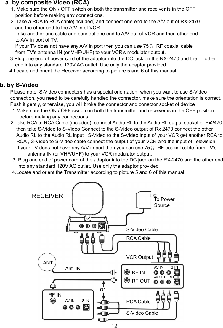 a. by composite Video (RCA) 1. Make sure the ON / OFF switch on both the transmitter and receiver is in the OFF           position before making any connections. 2. Take a RCA to RCA cable(included) and connect one end to the A/V out of RX-2470           and the other end to the A/V in of VCR.         Take another one cable and connect one end to A/V out of VCR and then other end         to A/V in port of TV.         if your TV does not have any A/V in port then you can use 75Ω  RF coaxial cable         from TV&apos;s antenna IN (or VHF/UHF) to your VCR&apos;s modulator output.                       3.Plug one end of power cord of the adaptor into the DC jack on the RX-2470 and the      other end into any standard 120V AC outlet. Use only the adaptor provided. 4.Locate and orient the Receiver according to picture 5 and 6 of this manual.  b. by S-Video Please note: S-Video connectors has a special orientation, when you want to use S-Video connection, you need to be carefully handled the connector, make sure the orientation is correct. Push it gently, otherwise, you will broke the connector and conector socket of device           1.Make sure the ON / OFF switch on both the transmitter and receiver is in the OFF position before making any connections. 2. take RCA to RCA Cable (included), connect Audio RL to the Audio RL output socket of Rx2470, then take S-Video to S-Video Connect to the S-Video output of Rx 2470 connect the other Audio RL to the Audio RL input , S-Video to the S-Video input of your VCR get another RCA to RCA , S-Video to S-Video cable connect the output of your VCR and the input of Television   If your TV does not have any A/V in port then you can use 75Ω  RF coaxial cable from TV&apos;s antenna IN (or VHF/UHF) to your VCR modulator output. 3. Plug one end of power cord of the adaptor into the DC jack on the RX-2470 and the other end into any standard 120V AC outlet. Use only the adaptor provided         4.Locate and orient the Transmitter according to picture 5 and 6 of this manual                           12   RECEIVER S-Video Cable RCA Cable  Ant. IN To Power Source ANT VCR Output   RF IN RF OUT AV IN        S IN AV IN        S IN   AV OUT      S OUT RCA Cable   S-Video Cable RF IN or 