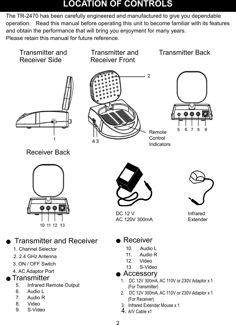 LOCATION OF CONTROLS The TR-2470 has been carefully engineered and manufactured to give you dependable   operation.    Read this manual before operating this unit to become familiar with its features   and obtain the performance that will bring you enjoyment for many years.   Please retain this manual for future reference.  Transmitter and              Transmitter and            Transmitter Back Receiver Side          Receiver Front                       Receiver Back            ●  Transmitter and Receiver      1. Channel Selector       2. 2.4 GHz Antenna 3. ON / OFF Switch     4. AC Adaptor Port         ● Transmitter 5.      Infrared Remote Output 6.      Audio L 7.      Audio R 8.      Video 9.      S-Video  2  ● Receiver 10.      Audio L 11.      Audio R 12.  Video 13.  S-Video ● Accessory 1.    DC 12V 300mA, AC 110V or 230V Adaptor x 1           (For Transmitter) 2.    DC 12V 300mA, AC 110V or 230V Adaptor x 1           (For Receiver) 3.   Infrared Extender Mouse x 1 4. A/V Cable x1  Remote Control Indicators   DC 12 V     AC 120V 300mA Infrared Extender 