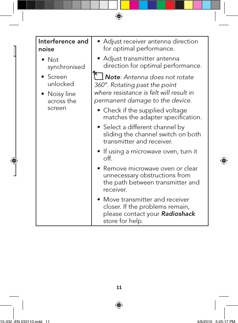 11Interference and noise• Notsynchronised•Screenunlocked•Noisylineacrossthescreen• Adjustreceiverantennadirectionforoptimalperformance.• Adjusttransmitterantennadirectionforoptimalperformance.nNote: Antenna does not rotate 360°.Rotatingpastthepointwhere resistance is felt will result in  permanent damage to the device.• Checkifthesuppliedvoltagematchestheadapterspecication.• Selectadifferentchannelbyslidingthechannelswitchonbothtransmitterandreceiver.• Ifusingamicrowaveoven,turnitoff.• Removemicrowaveovenorclearunnecessaryobstructionsfromthepathbetweentransmitterandreceiver.• Movetransmitterandreceivercloser.Iftheproblemsremain,pleasecontactyourRadioshackstoreforhelp.TroubleshootingProblem Possible SolutionsNo picture or sound• Checkthepoweron/offswitchesontheTransmitter,ReceiverandTV.• Makesurethepowerplugandsignalcablesarermlyconnected.• Checkifthechanneloftransmitterandreceiveraresettothesamechannel.• Makesurethatallcablesareconnectedcorrectly.• Checkifthereisanydiscontinuityinsidethecable.• IfyouuseS-Videoconnection,yourTVsetmustbesetto“S-Video”mode.15-332 -EN 033110.indd   11 4/6/2010   5:25:17 PM