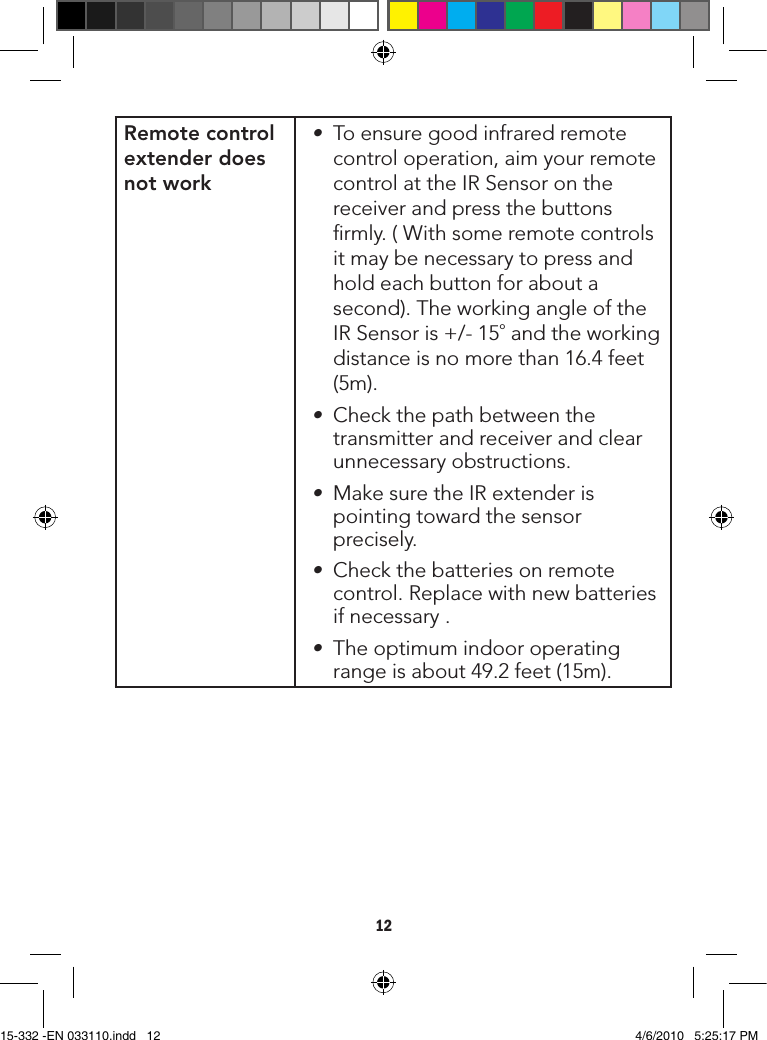12Interference and noise• Notsynchronised•Screenunlocked•Noisylineacrossthescreen• Adjustreceiverantennadirectionforoptimalperformance.• Adjusttransmitterantennadirectionforoptimalperformance.nNote: Antenna does not rotate 360°.Rotatingpastthepointwhere resistance is felt will result in  permanent damage to the device.• Checkifthesuppliedvoltagematchestheadapterspecication.• Selectadifferentchannelbyslidingthechannelswitchonbothtransmitterandreceiver.• Ifusingamicrowaveoven,turnitoff.• Removemicrowaveovenorclearunnecessaryobstructionsfromthepathbetweentransmitterandreceiver.• Movetransmitterandreceivercloser.Iftheproblemsremain,pleasecontactyourRadioshackstoreforhelp.Remote control extender does not work• Toensuregoodinfraredremotecontroloperation,aimyourremotecontrolattheIRSensoronthereceiverandpressthebuttonsrmly.(Withsomeremotecontrolsitmaybenecessarytopressandholdeachbuttonforaboutasecond).TheworkingangleoftheIRSensoris+/-15oandtheworkingdistanceisnomorethan16.4feet(5m).• Checkthepathbetweenthetransmitterandreceiverandclearunnecessaryobstructions.• MakesuretheIRextenderispointingtowardthesensorprecisely.• Checkthebatteriesonremotecontrol.Replacewithnewbatteriesifnecessary.• Theoptimumindooroperatingrangeisabout49.2feet(15m).15-332 -EN 033110.indd   12 4/6/2010   5:25:17 PM