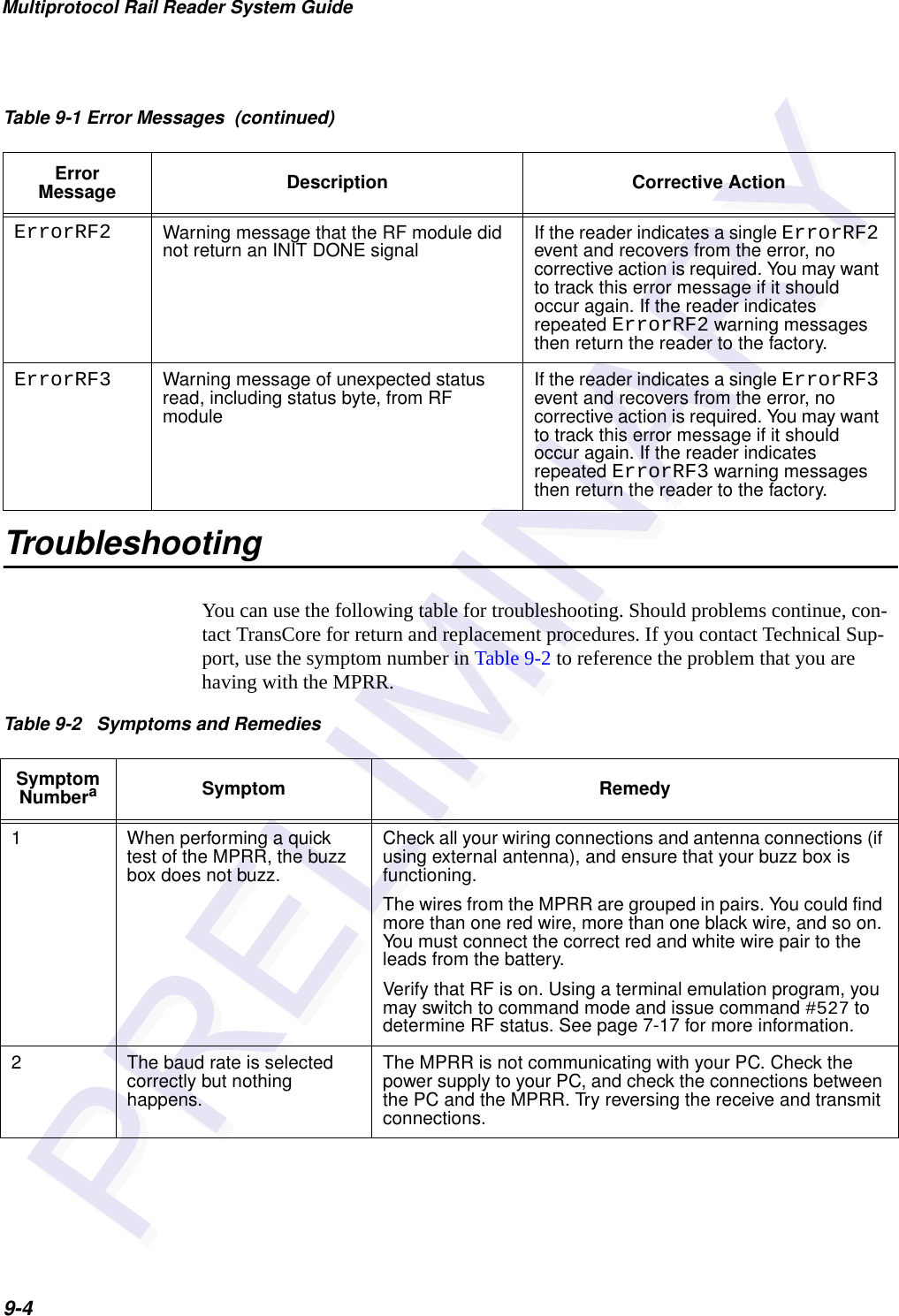 Multiprotocol Rail Reader System Guide9-4TroubleshootingYou can use the following table for troubleshooting. Should problems continue, con-tact TransCore for return and replacement procedures. If you contact Technical Sup-port, use the symptom number in Table 9-2 to reference the problem that you are having with the MPRR. ErrorRF2 Warning message that the RF module did not return an INIT DONE signal If the reader indicates a single ErrorRF2 event and recovers from the error, no corrective action is required. You may want to track this error message if it should occur again. If the reader indicates repeated ErrorRF2 warning messages then return the reader to the factory.ErrorRF3 Warning message of unexpected status read, including status byte, from RF moduleIf the reader indicates a single ErrorRF3 event and recovers from the error, no corrective action is required. You may want to track this error message if it should occur again. If the reader indicates repeated ErrorRF3 warning messages then return the reader to the factory.Table 9-1 Error Messages  (continued)Error Message Description Corrective ActionTable 9-2   Symptoms and RemediesSymptom NumberaSymptom Remedy1 When performing a quick test of the MPRR, the buzz box does not buzz.Check all your wiring connections and antenna connections (if using external antenna), and ensure that your buzz box is functioning. The wires from the MPRR are grouped in pairs. You could find more than one red wire, more than one black wire, and so on. You must connect the correct red and white wire pair to the leads from the battery. Verify that RF is on. Using a terminal emulation program, you may switch to command mode and issue command #527 to determine RF status. See page 7-17 for more information.2 The baud rate is selected correctly but nothing happens.The MPRR is not communicating with your PC. Check the power supply to your PC, and check the connections between the PC and the MPRR. Try reversing the receive and transmit connections.