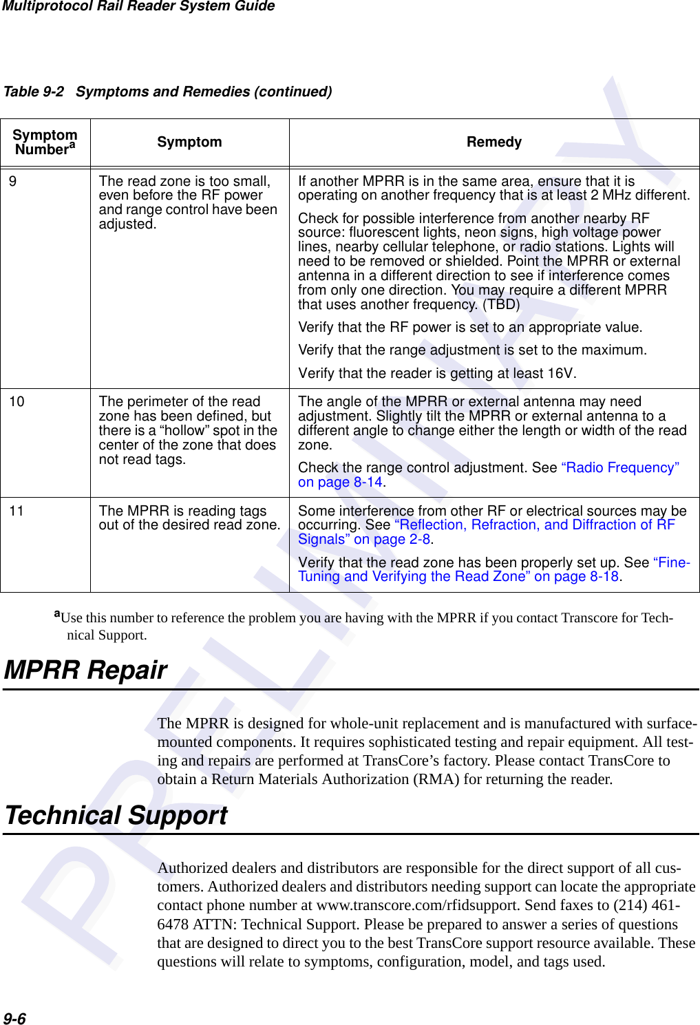 Multiprotocol Rail Reader System Guide9-6aUse this number to reference the problem you are having with the MPRR if you contact Transcore for Tech-nical Support. MPRR RepairThe MPRR is designed for whole-unit replacement and is manufactured with surface-mounted components. It requires sophisticated testing and repair equipment. All test-ing and repairs are performed at TransCore’s factory. Please contact TransCore to obtain a Return Materials Authorization (RMA) for returning the reader.Technical SupportAuthorized dealers and distributors are responsible for the direct support of all cus-tomers. Authorized dealers and distributors needing support can locate the appropriate contact phone number at www.transcore.com/rfidsupport. Send faxes to (214) 461-6478 ATTN: Technical Support. Please be prepared to answer a series of questions that are designed to direct you to the best TransCore support resource available. These questions will relate to symptoms, configuration, model, and tags used.9 The read zone is too small, even before the RF power and range control have been adjusted.If another MPRR is in the same area, ensure that it is operating on another frequency that is at least 2 MHz different.Check for possible interference from another nearby RF source: fluorescent lights, neon signs, high voltage power lines, nearby cellular telephone, or radio stations. Lights will need to be removed or shielded. Point the MPRR or external antenna in a different direction to see if interference comes from only one direction. You may require a different MPRR that uses another frequency. (TBD)Verify that the RF power is set to an appropriate value.Verify that the range adjustment is set to the maximum.Verify that the reader is getting at least 16V. 10 The perimeter of the read zone has been defined, but there is a “hollow” spot in the center of the zone that does not read tags.The angle of the MPRR or external antenna may need adjustment. Slightly tilt the MPRR or external antenna to a different angle to change either the length or width of the read zone.Check the range control adjustment. See “Radio Frequency” on page 8-14. 11 The MPRR is reading tags out of the desired read zone. Some interference from other RF or electrical sources may be occurring. See “Reflection, Refraction, and Diffraction of RF Signals” on page 2-8. Verify that the read zone has been properly set up. See “Fine-Tuning and Verifying the Read Zone” on page 8-18.Table 9-2   Symptoms and Remedies (continued)Symptom NumberaSymptom Remedy