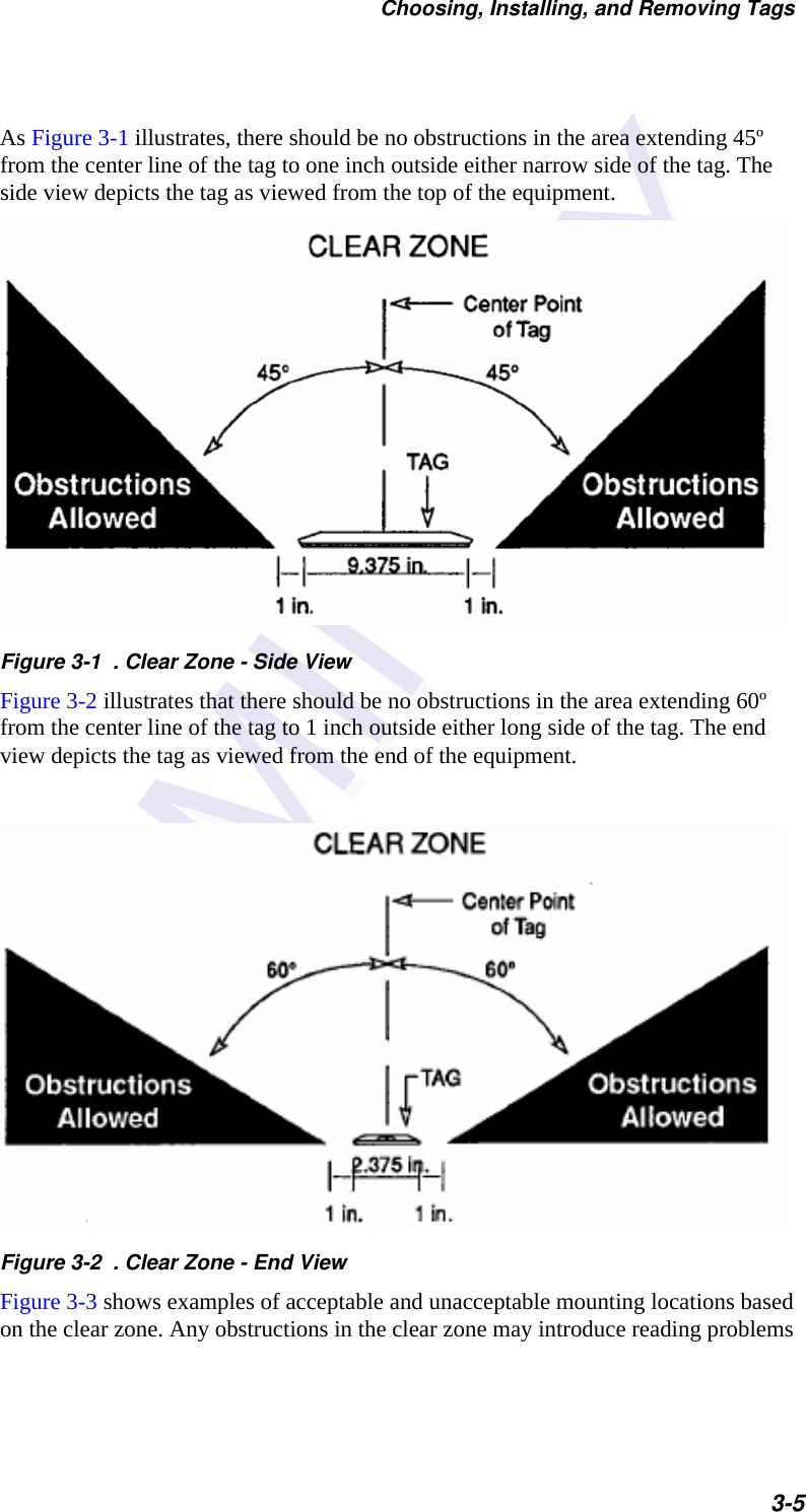 Choosing, Installing, and Removing Tags3-5As Figure 3-1 illustrates, there should be no obstructions in the area extending 45º from the center line of the tag to one inch outside either narrow side of the tag. The side view depicts the tag as viewed from the top of the equipment.Figure 3-1  . Clear Zone - Side ViewFigure 3-2 illustrates that there should be no obstructions in the area extending 60º from the center line of the tag to 1 inch outside either long side of the tag. The end view depicts the tag as viewed from the end of the equipment.Figure 3-2  . Clear Zone - End ViewFigure 3-3 shows examples of acceptable and unacceptable mounting locations based on the clear zone. Any obstructions in the clear zone may introduce reading problems 