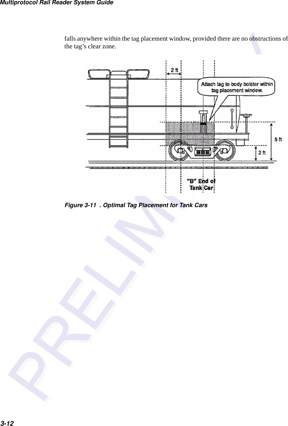 Multiprotocol Rail Reader System Guide3-12falls anywhere within the tag placement window, provided there are no obstructions of the tag’s clear zone.Figure 3-11  . Optimal Tag Placement for Tank Cars